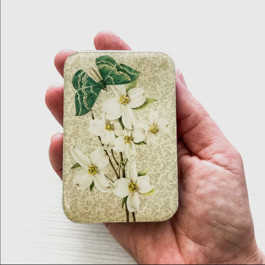 Vintage-Inspired Green Moth & Dogwood Notions Tin