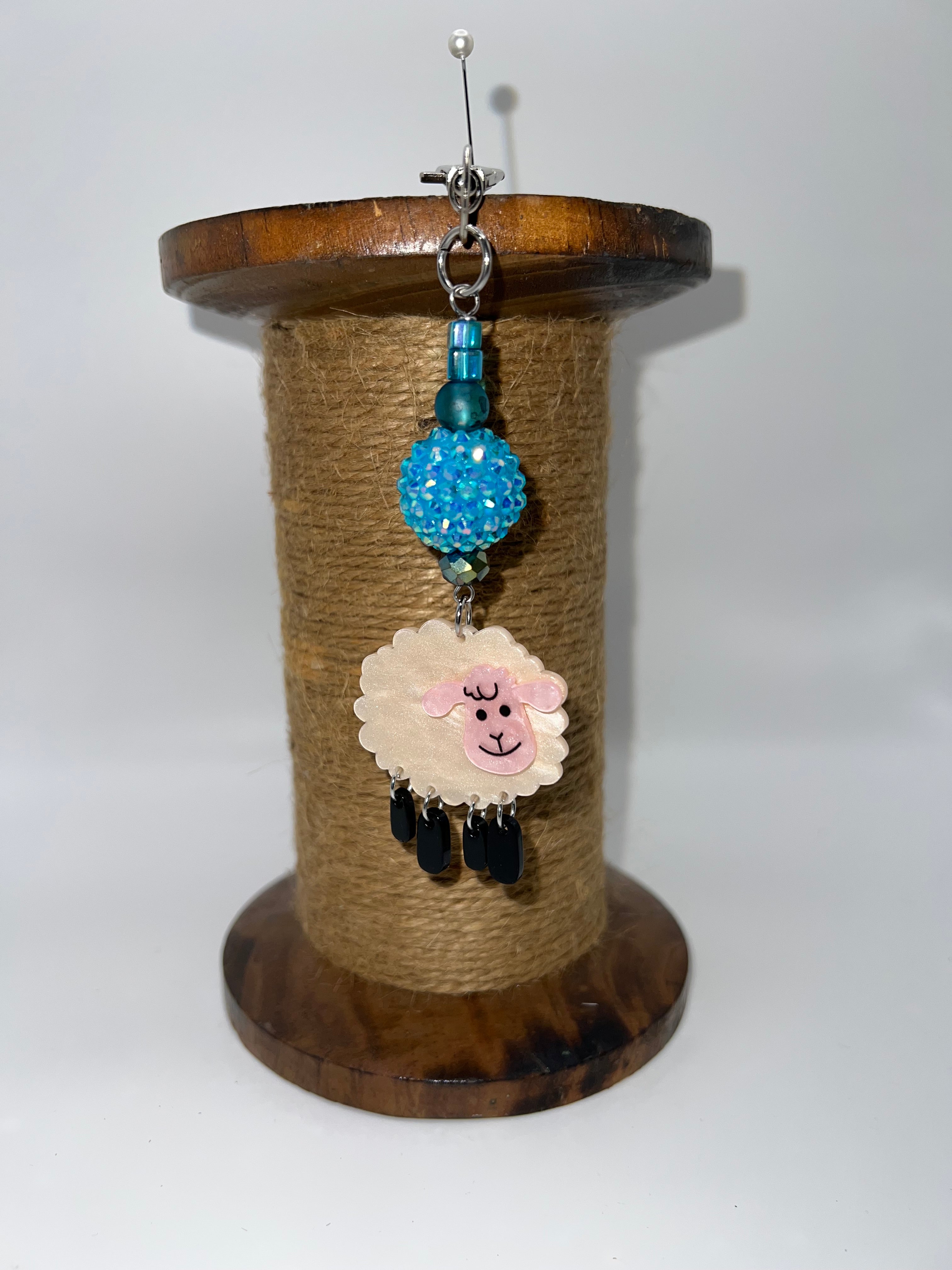 Baa Baa Pink Sheep with Blue Beads - Scissor charm/Bag Zipper Pull