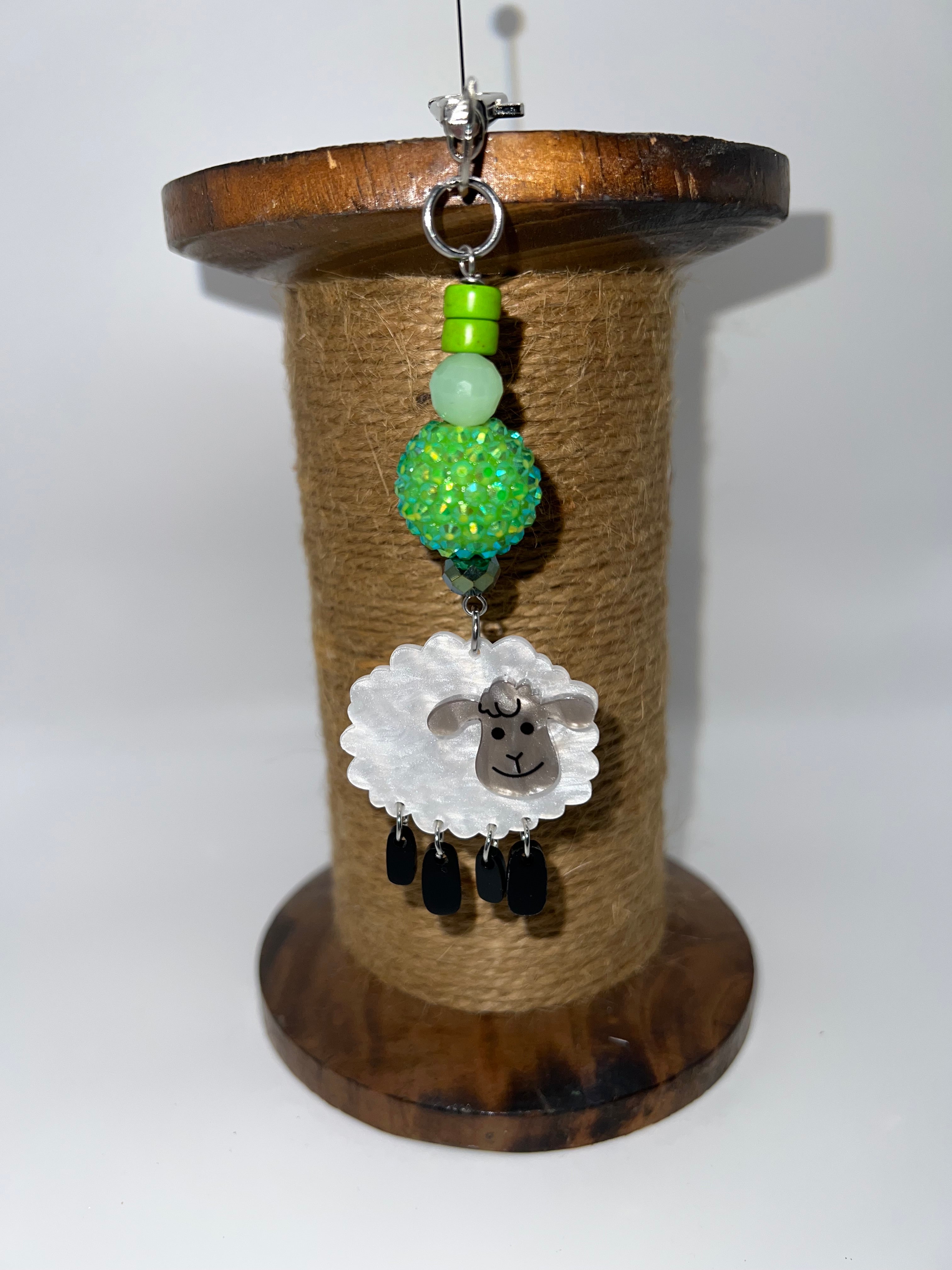 Baa Baa White Sheep with Green Beads - Scissor charm/Bag zipper pull