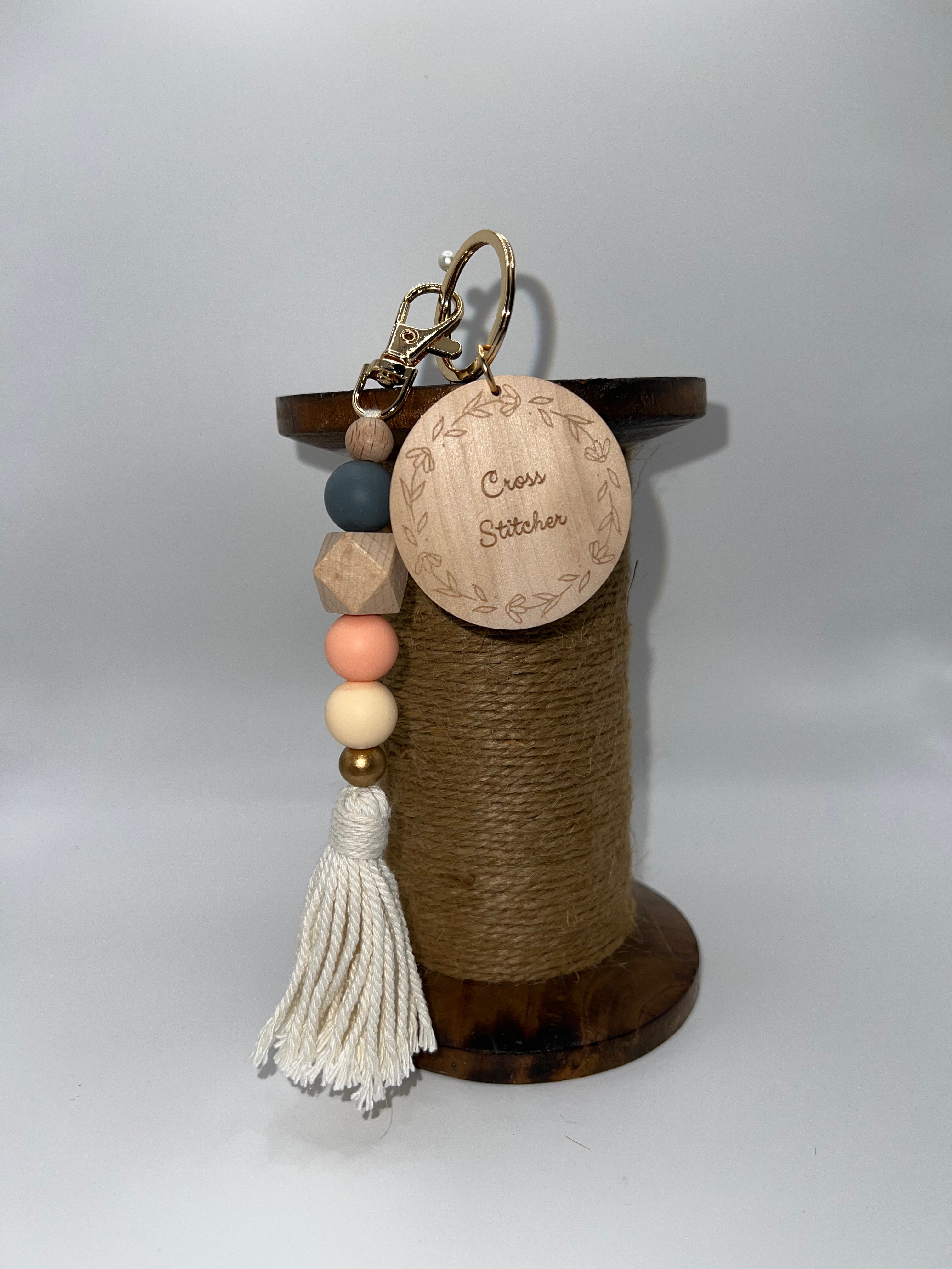 Wooden Cross Stitcher - Scissor charm/Bag Zipper Pull