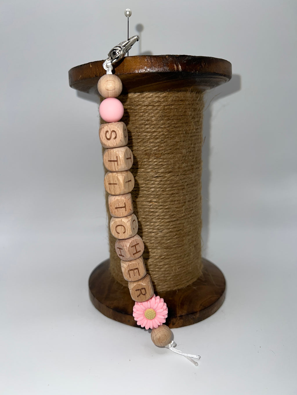 Wooden Stitcher Pink Flower - Scissor charm/Bag Zipper Pull