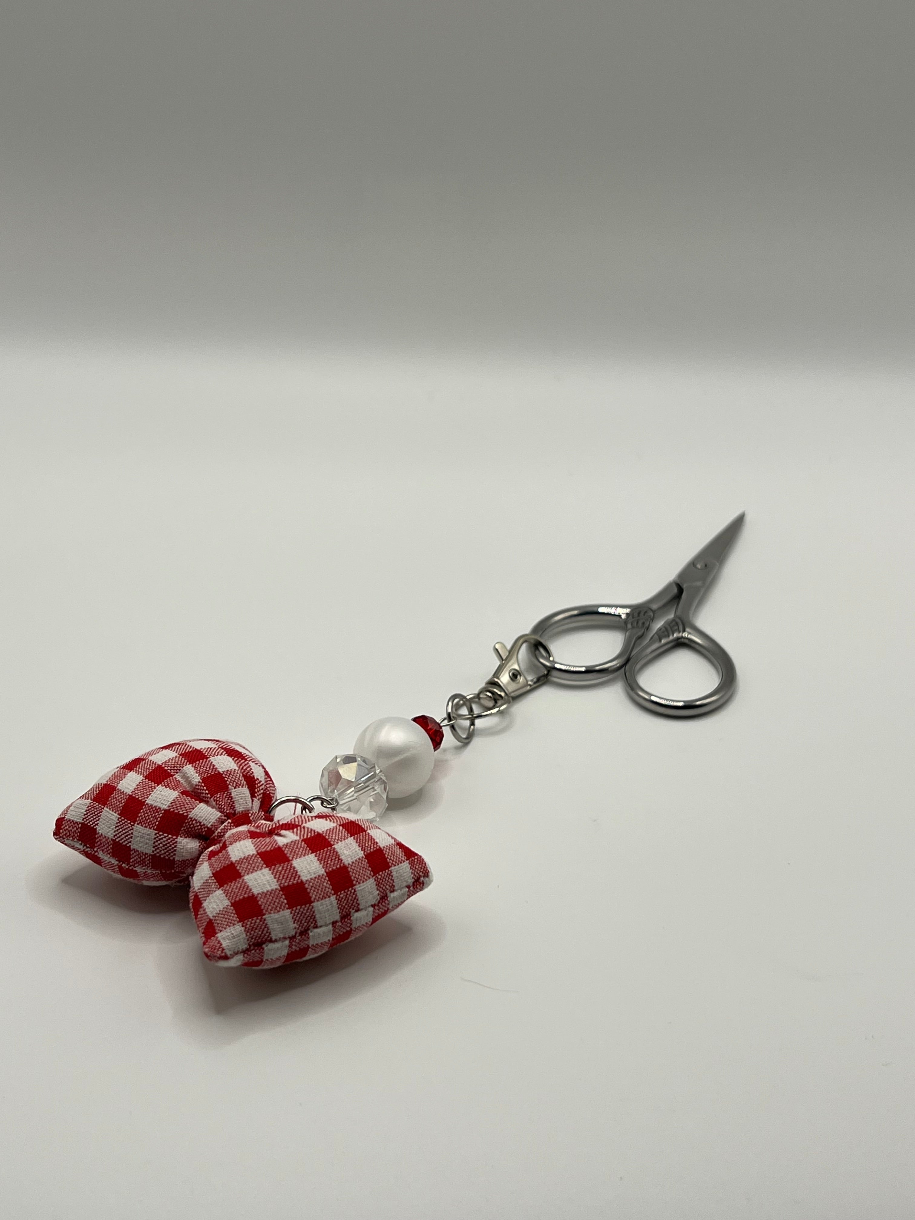Fabric Red and White Gingham bow - Scissor Charm / Bag Zipper Pull