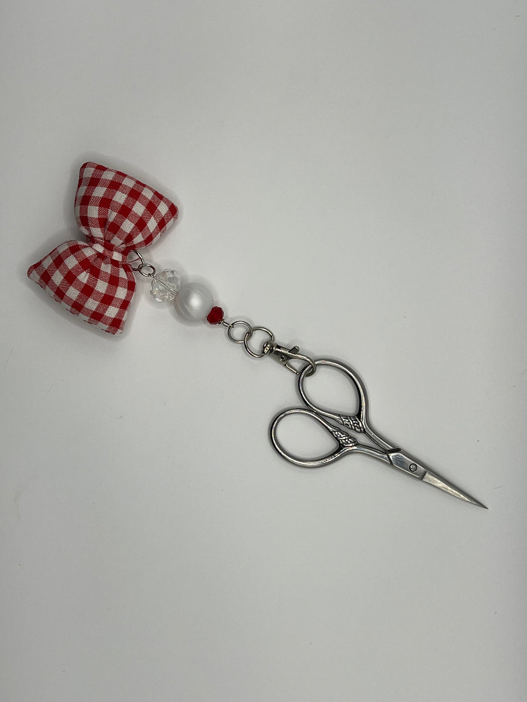 Fabric Red and White Gingham bow - Scissor Charm / Bag Zipper Pull