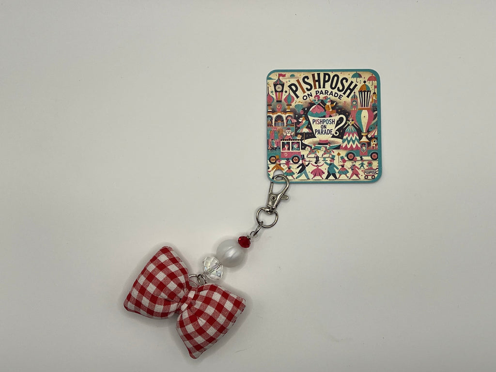 Fabric Red and White Gingham bow - Scissor Charm / Bag Zipper Pull