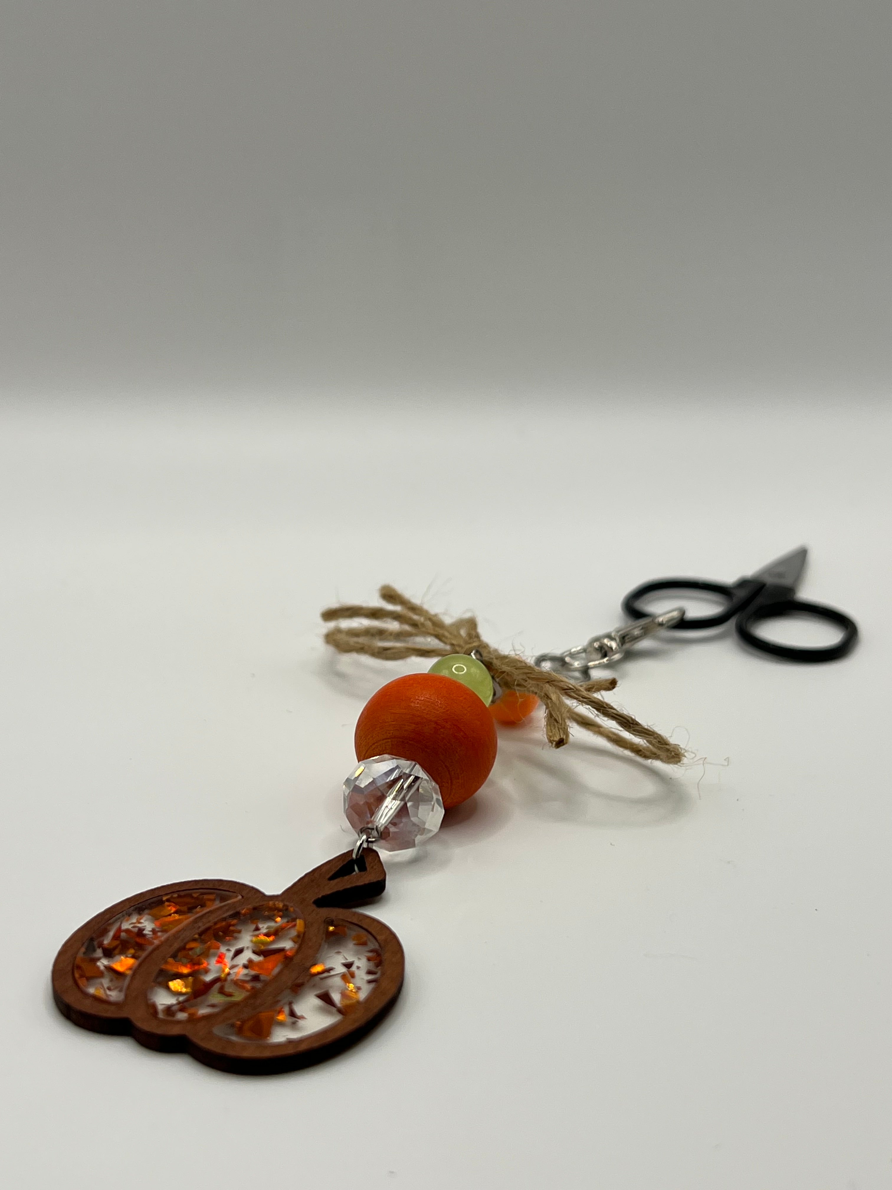 Wooden Pumpkin with Twine Bow - Scissor charm / Bag zipper pull
