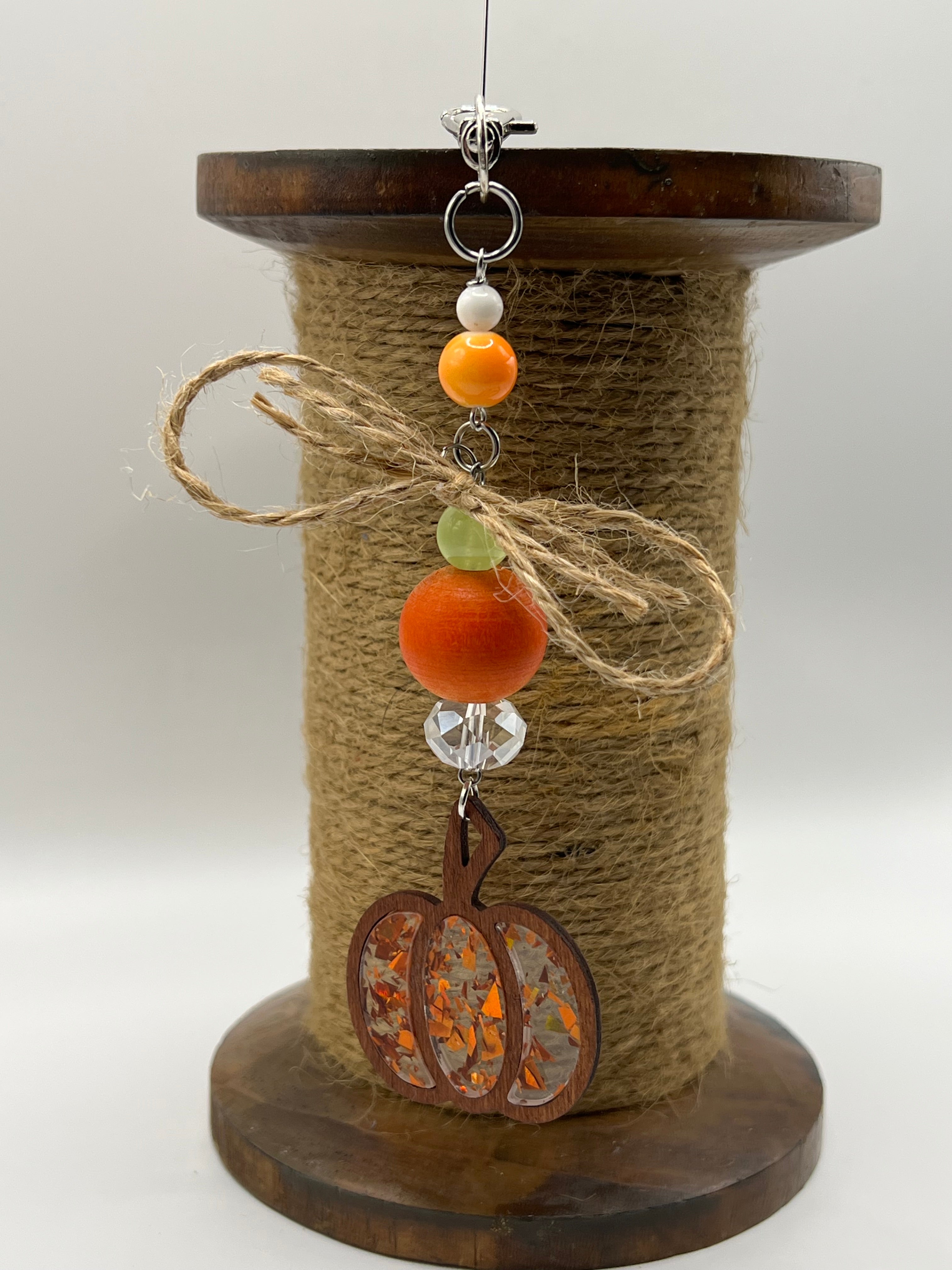 Wooden Pumpkin with Twine Bow - Scissor charm / Bag zipper pull