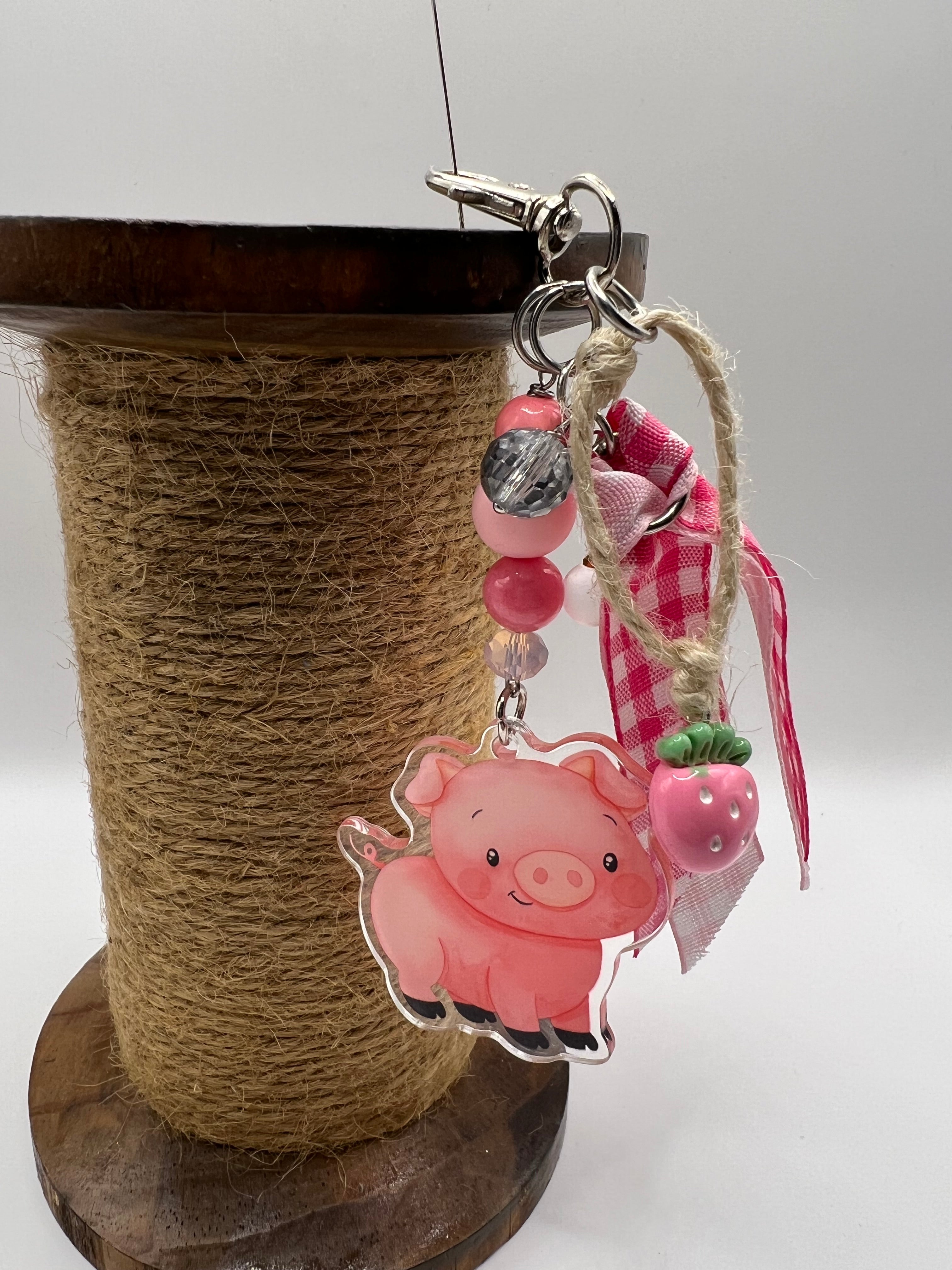 Pink Piggy with Strawberry - Scissor Charm/Zipper Bag Pull