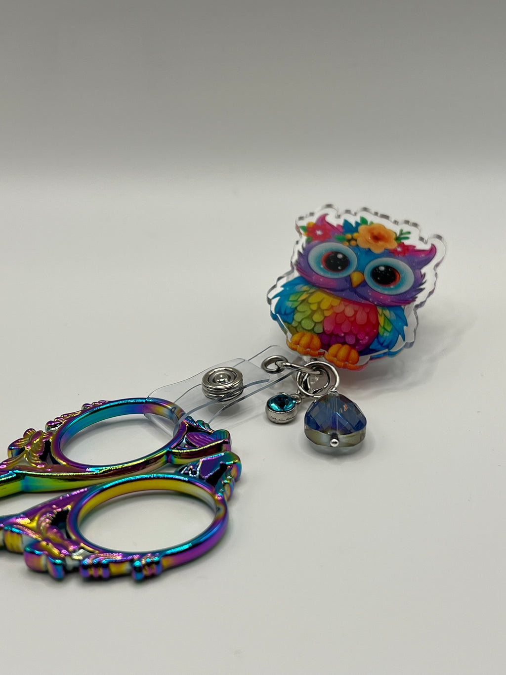 Rainbow Owl Scissor Badge Pull with Alligator Clip