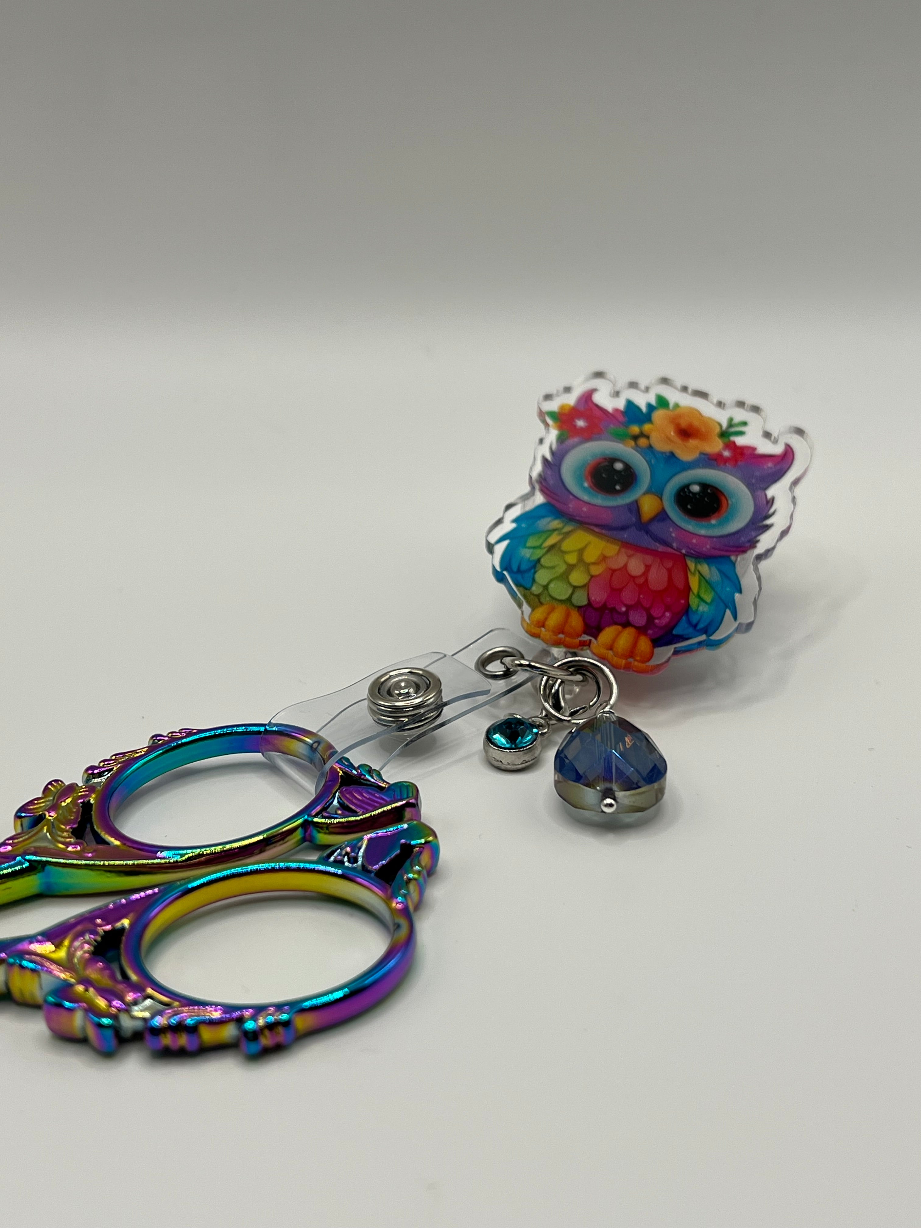 Rainbow Owl Scissor Badge Pull with Alligator Clip