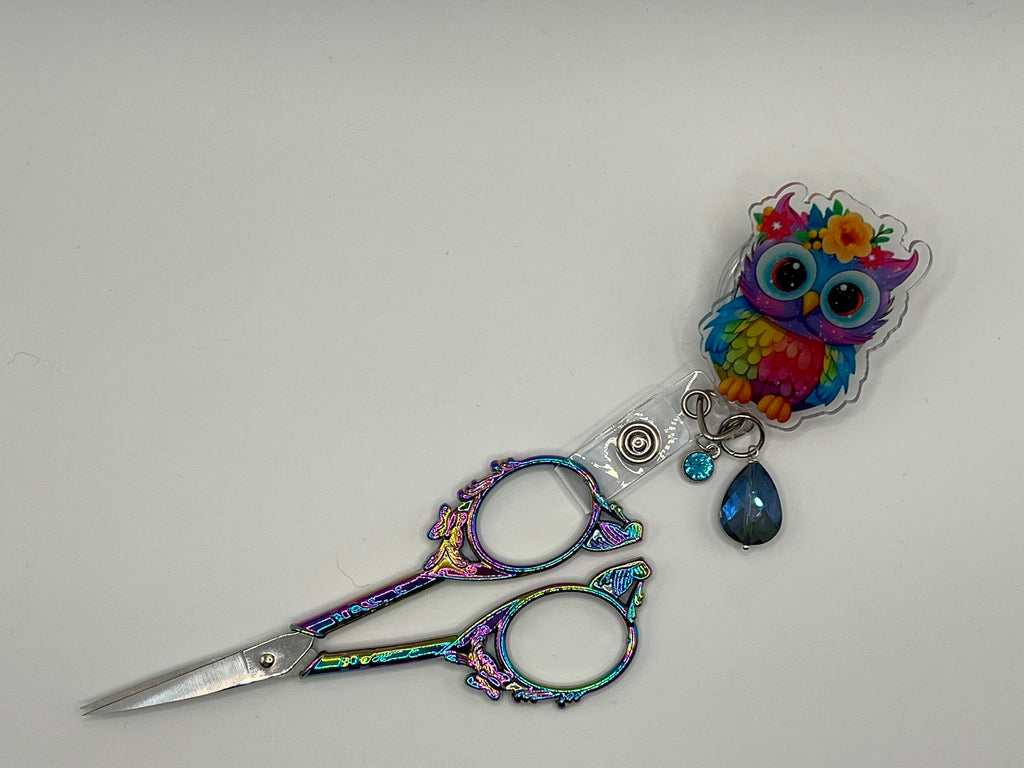 Rainbow Owl Scissor Badge Pull with Alligator Clip