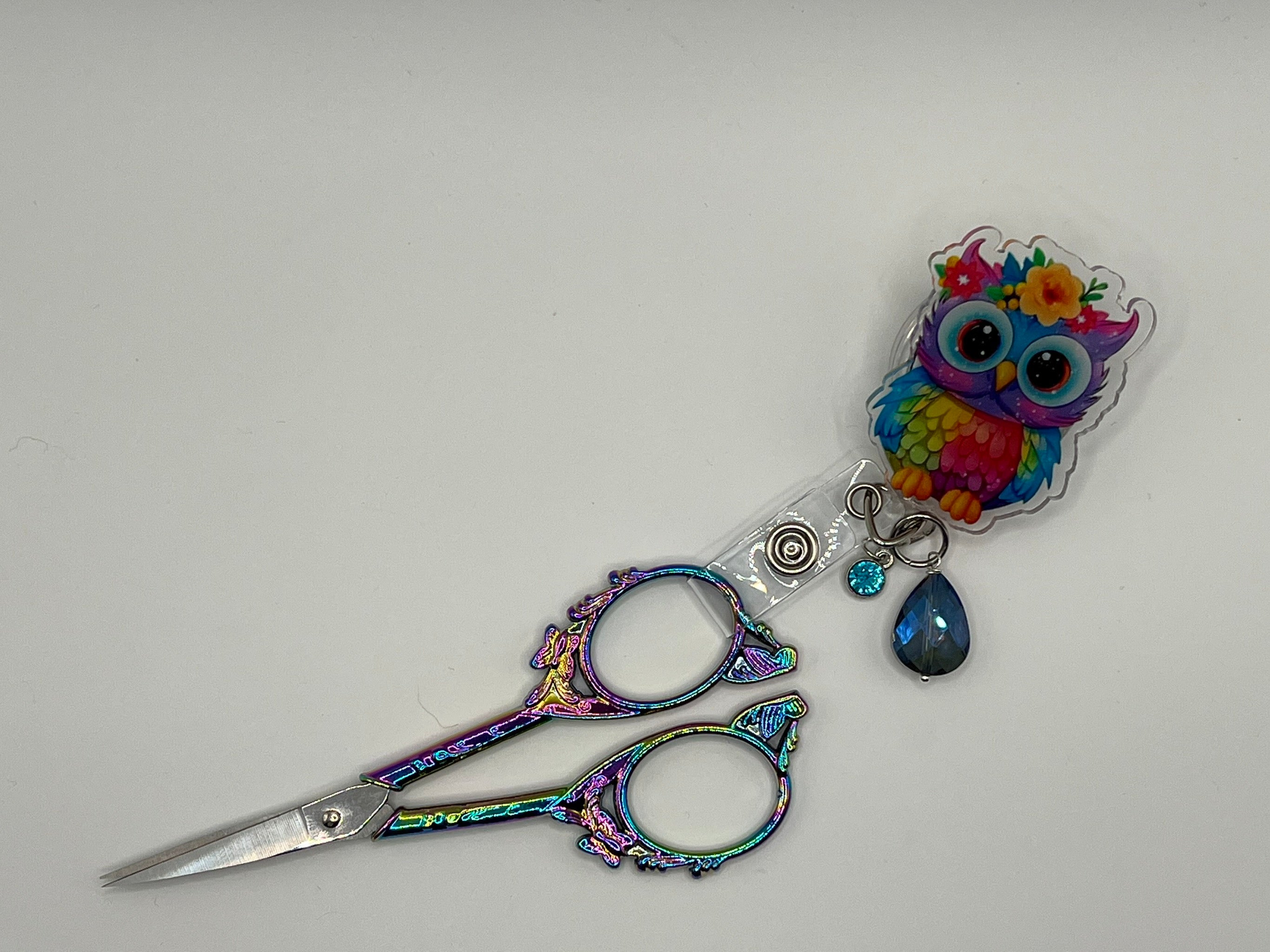 Rainbow Owl Scissor Badge Pull with Alligator Clip