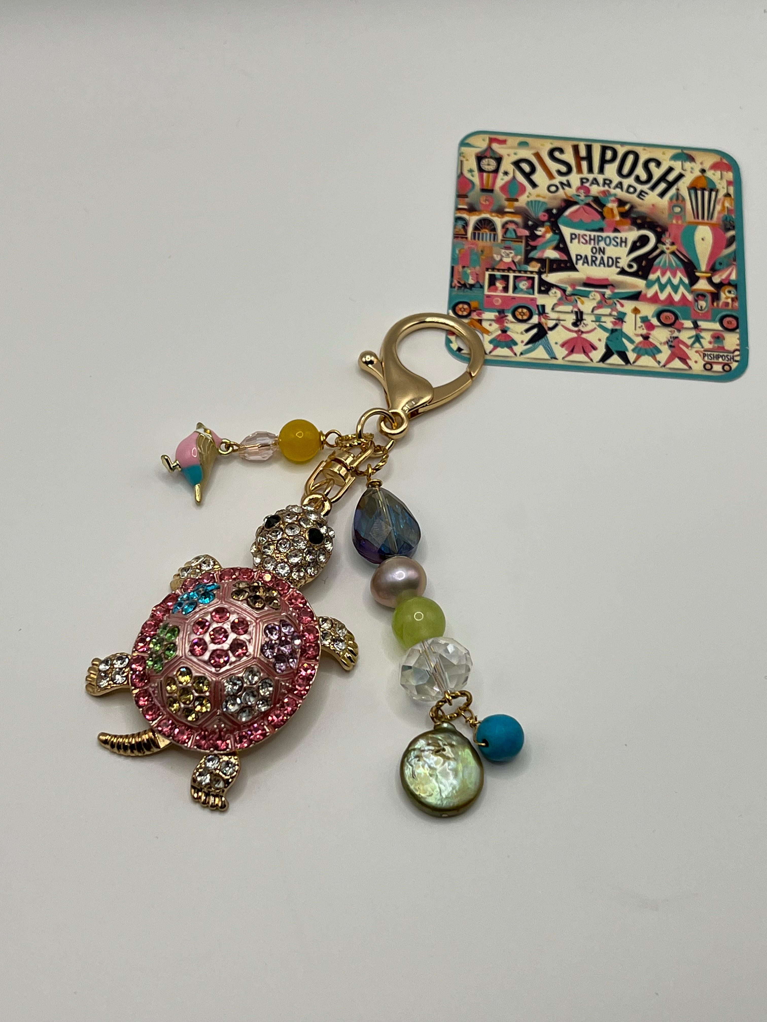 Rhinestone Turtle with Bird - Scissor Charm/Bag Zipper Pull