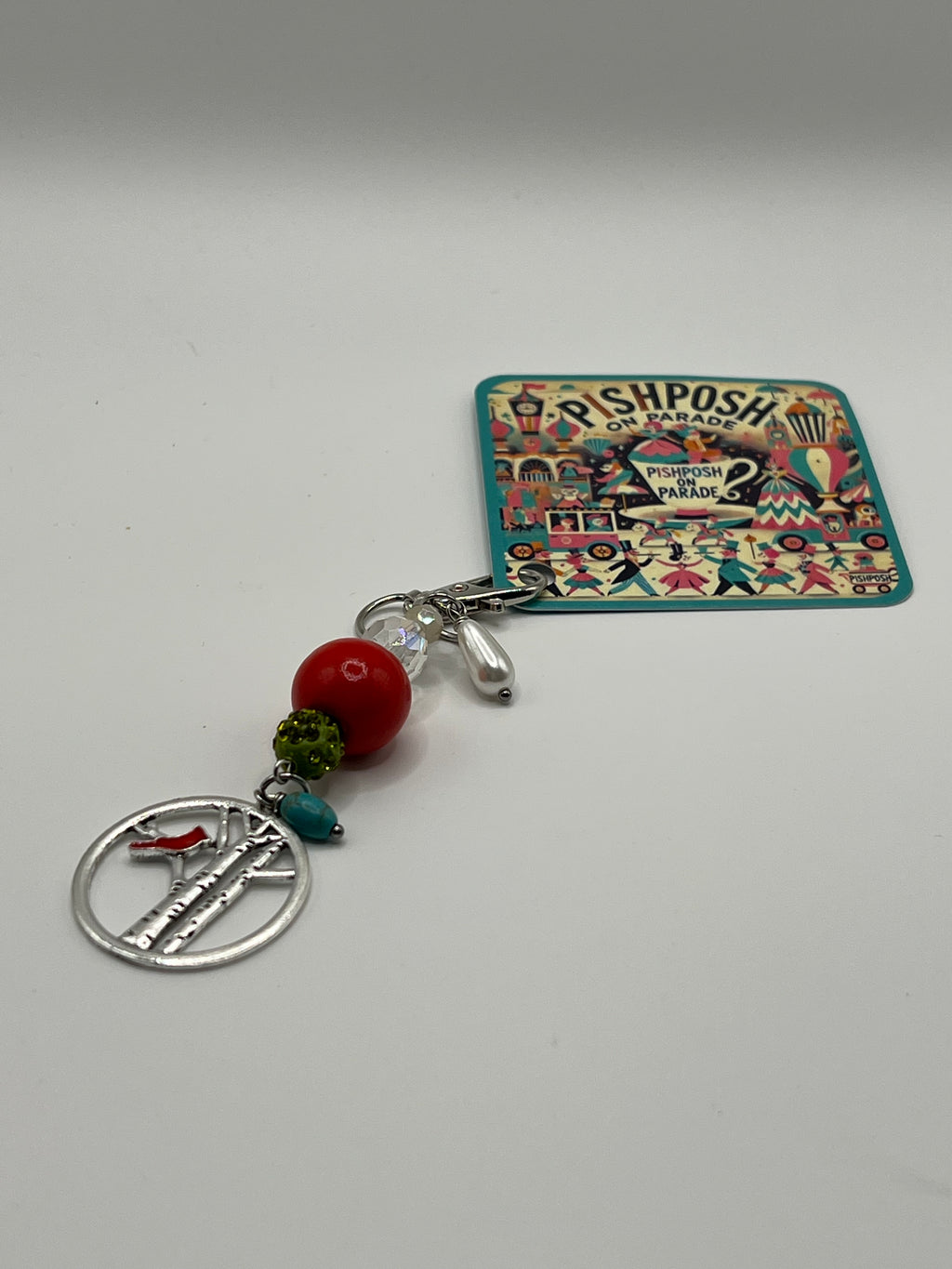 Cardinal with red,turquoise and other beads - Scissor Charm/ Zipper Pull