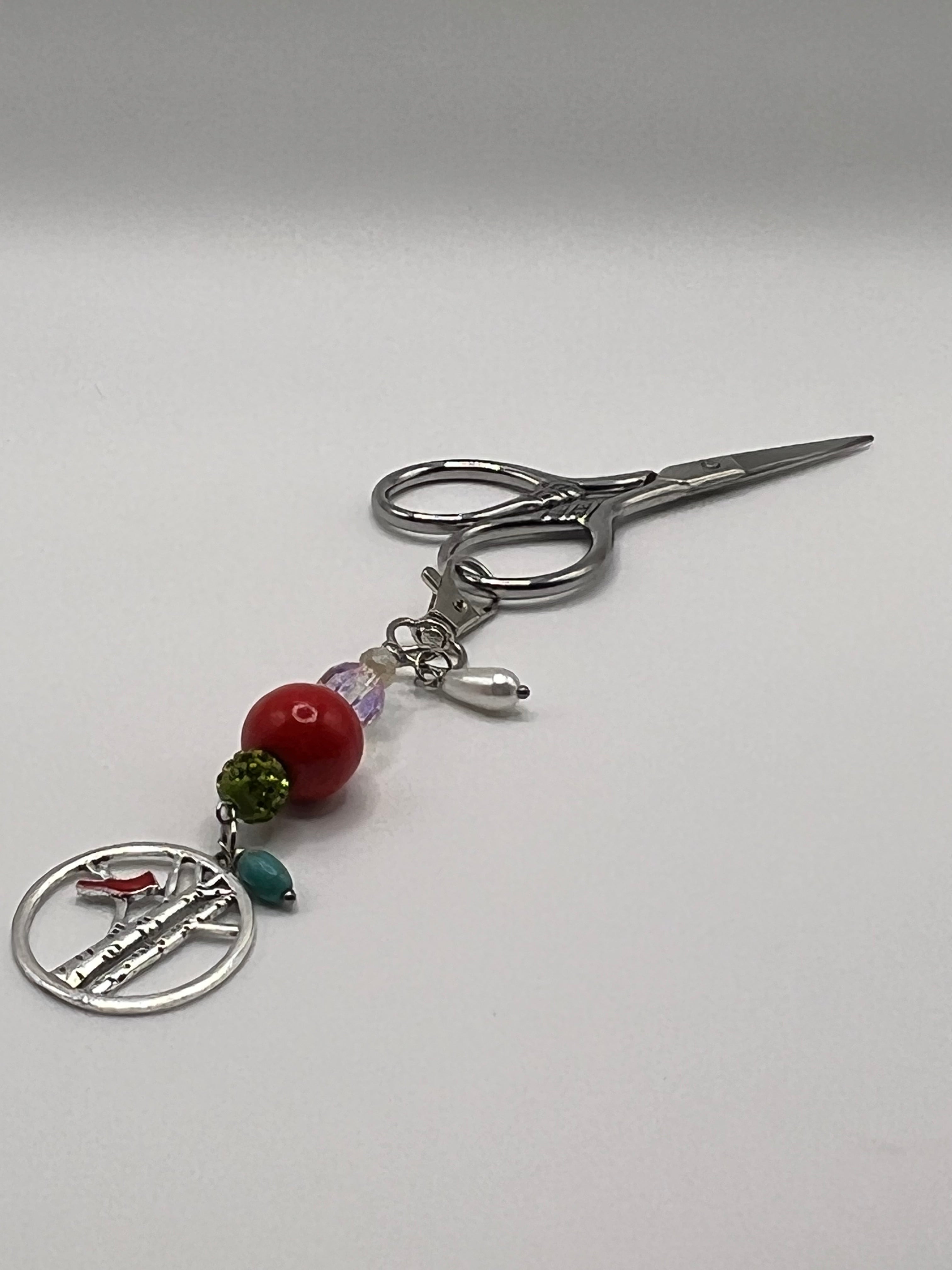 Cardinal with red,turquoise and other beads - Scissor Charm/ Zipper Pull
