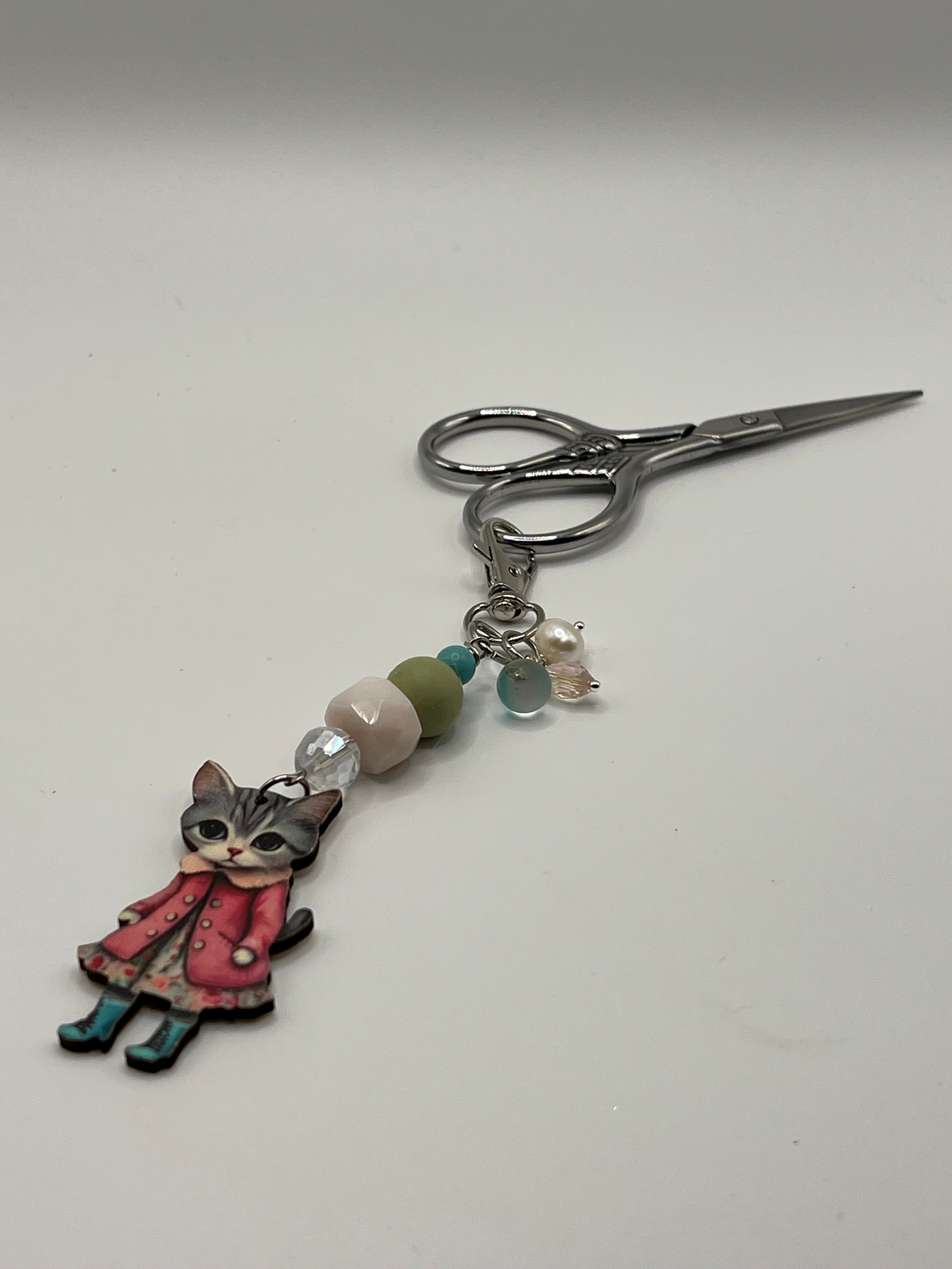 Grey Kitty in Pink Coat - Scissor Charm/Zipper Pull