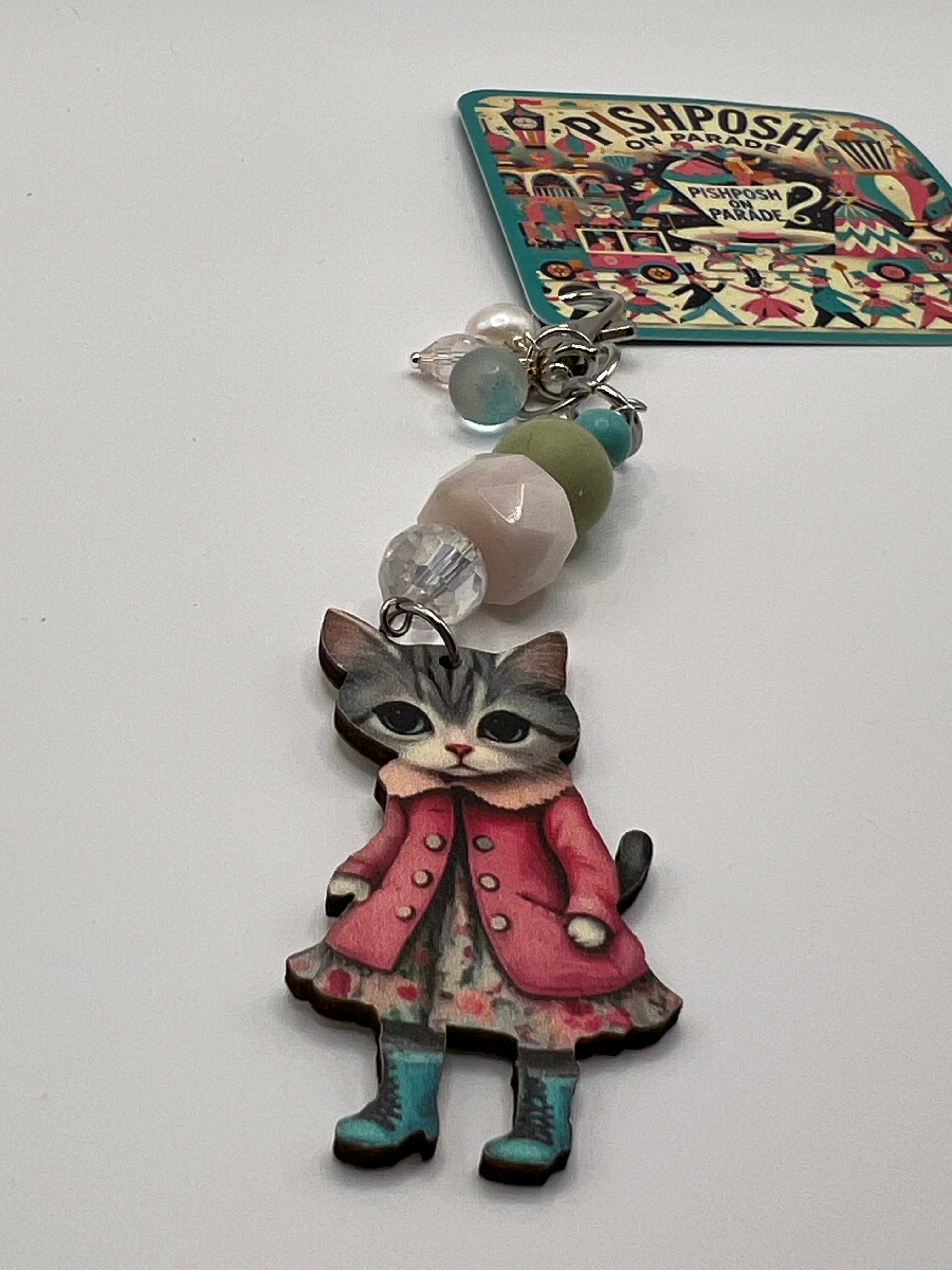 Grey Kitty in Pink Coat - Scissor Charm/Zipper Pull