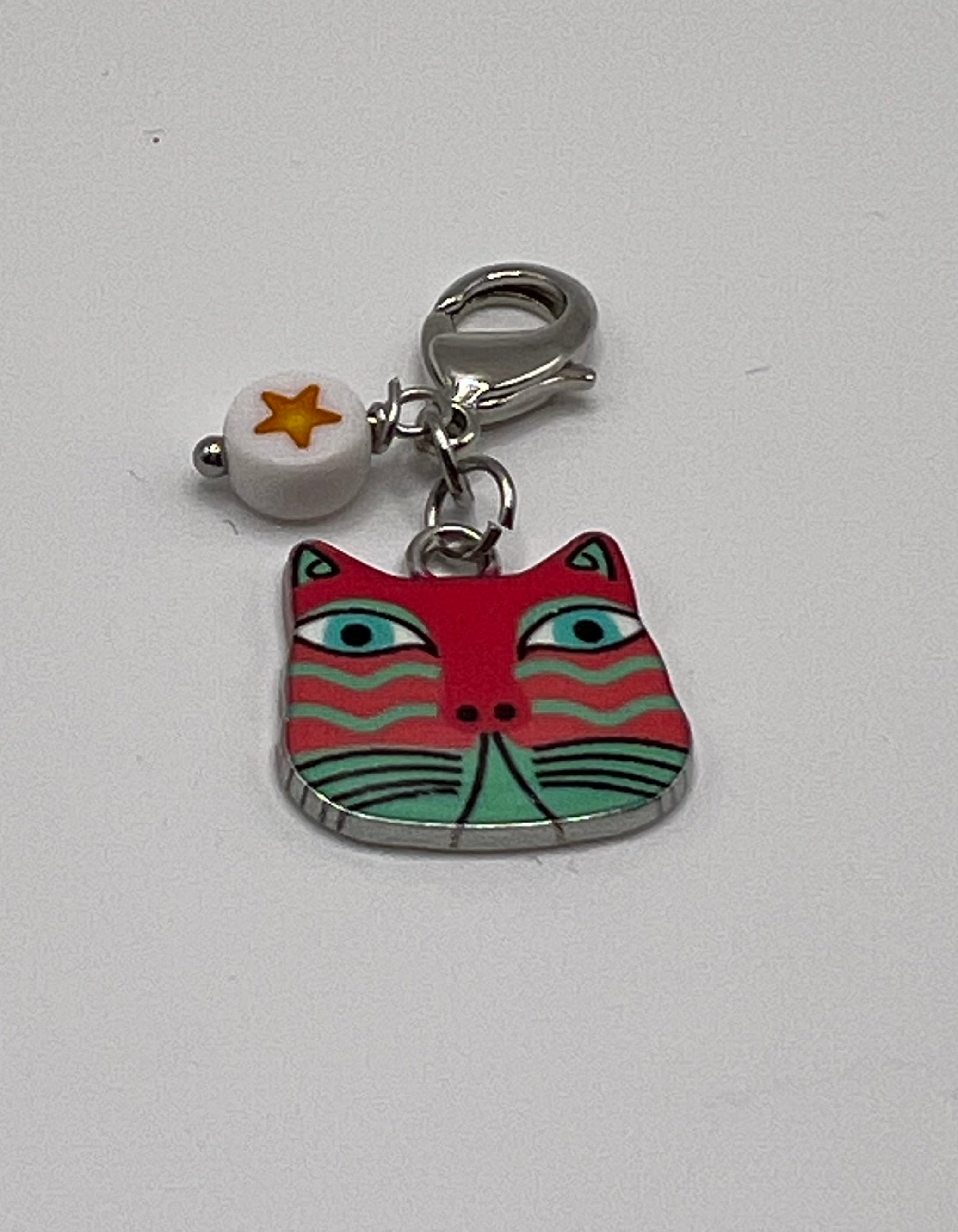 Funky Cat Pink/Green with Yellow Star Zipper Pull