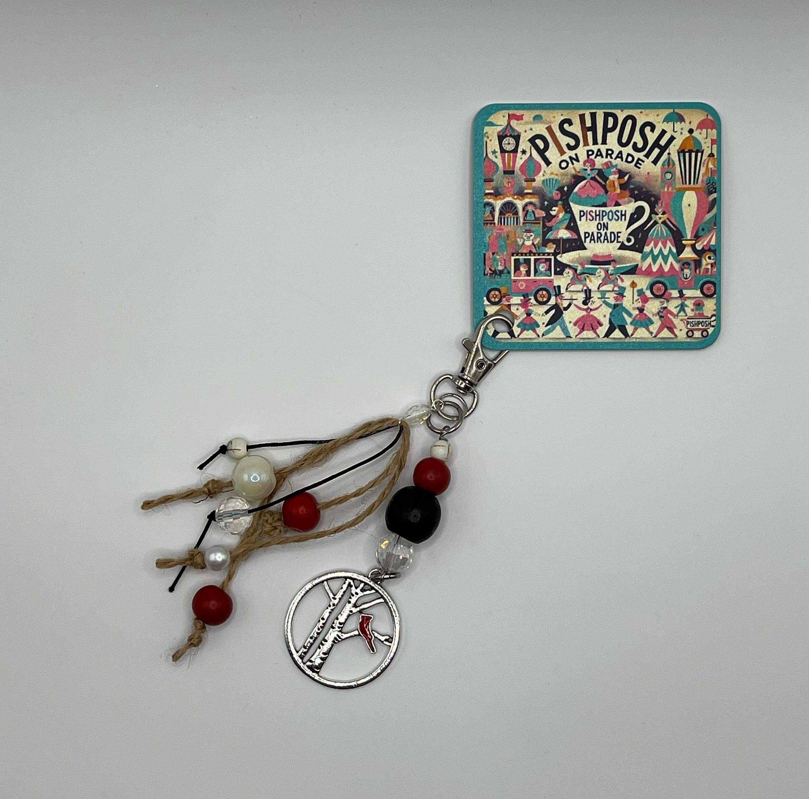 Cardinal with Black,White and Cream Bead - Scissor charm/Zipper Pull