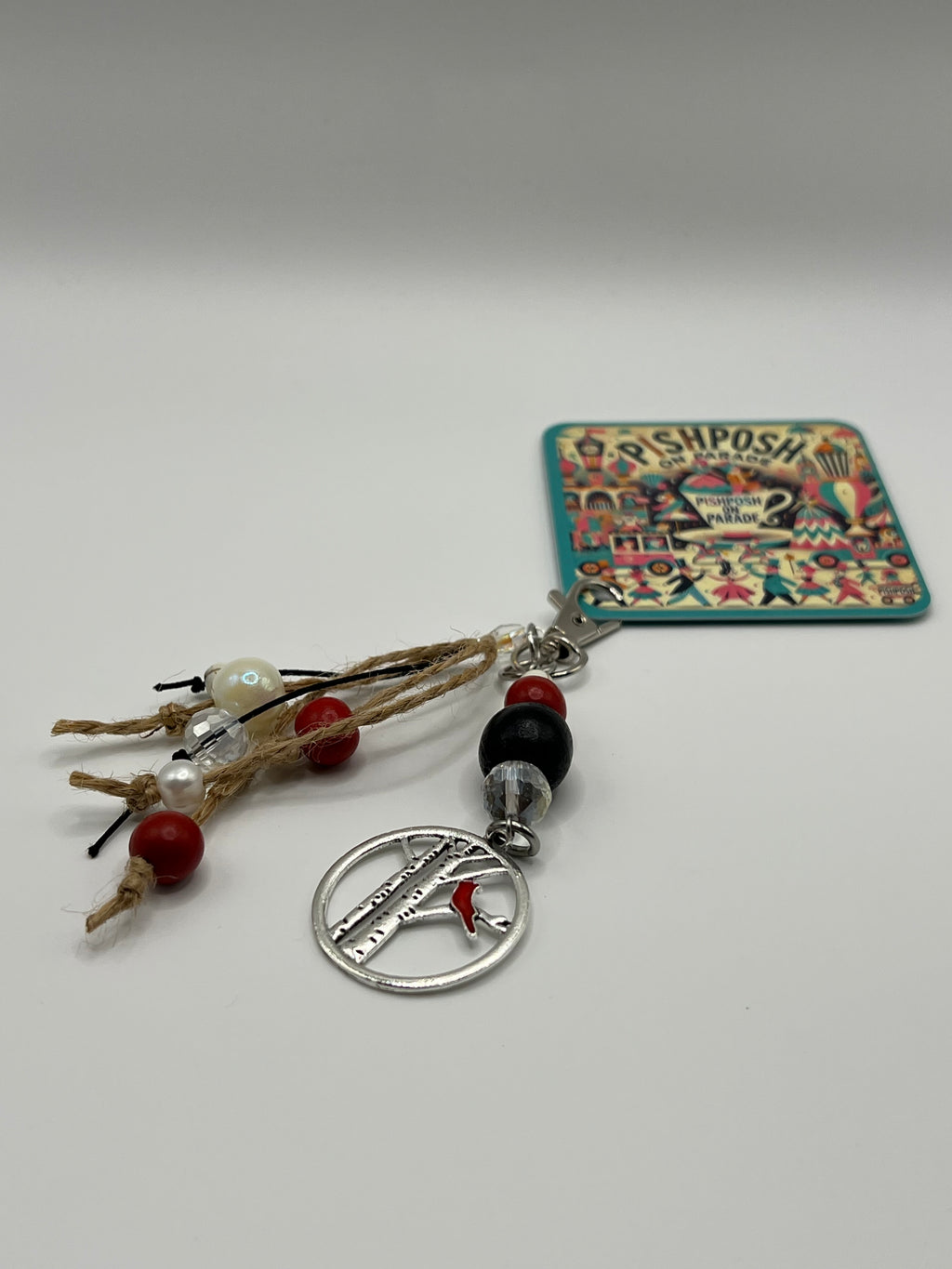 Cardinal with Black,White and Cream Bead - Scissor charm/Zipper Pull