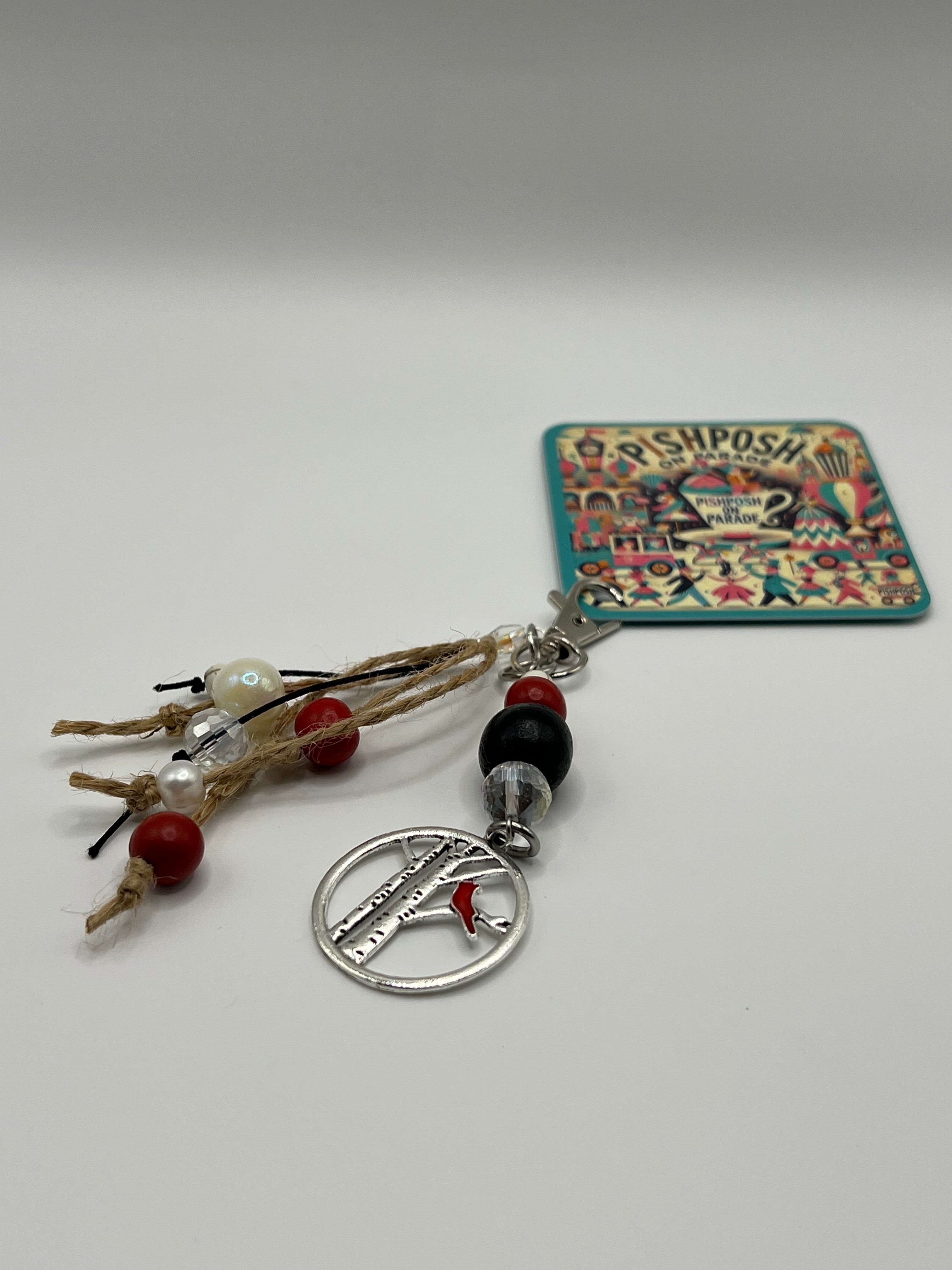 Cardinal with Black,White and Cream Bead - Scissor charm/Zipper Pull
