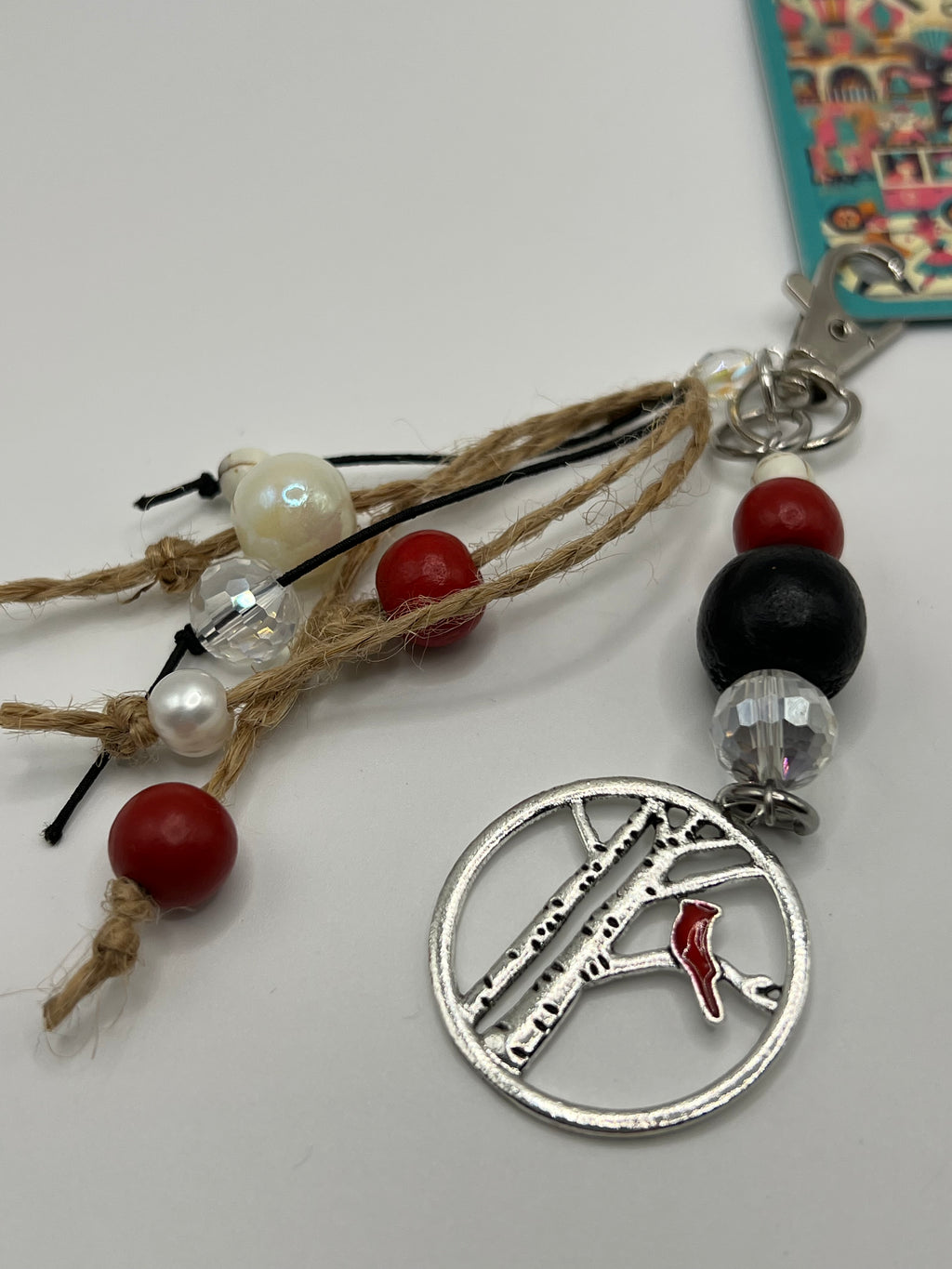 Cardinal with Black,White and Cream Bead - Scissor charm/Zipper Pull