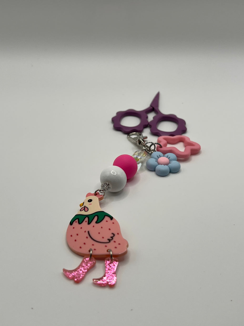 Strawberry Chicken with Boots and Blue Flower Charm - Scissor Charm/Zipper Bag Pull