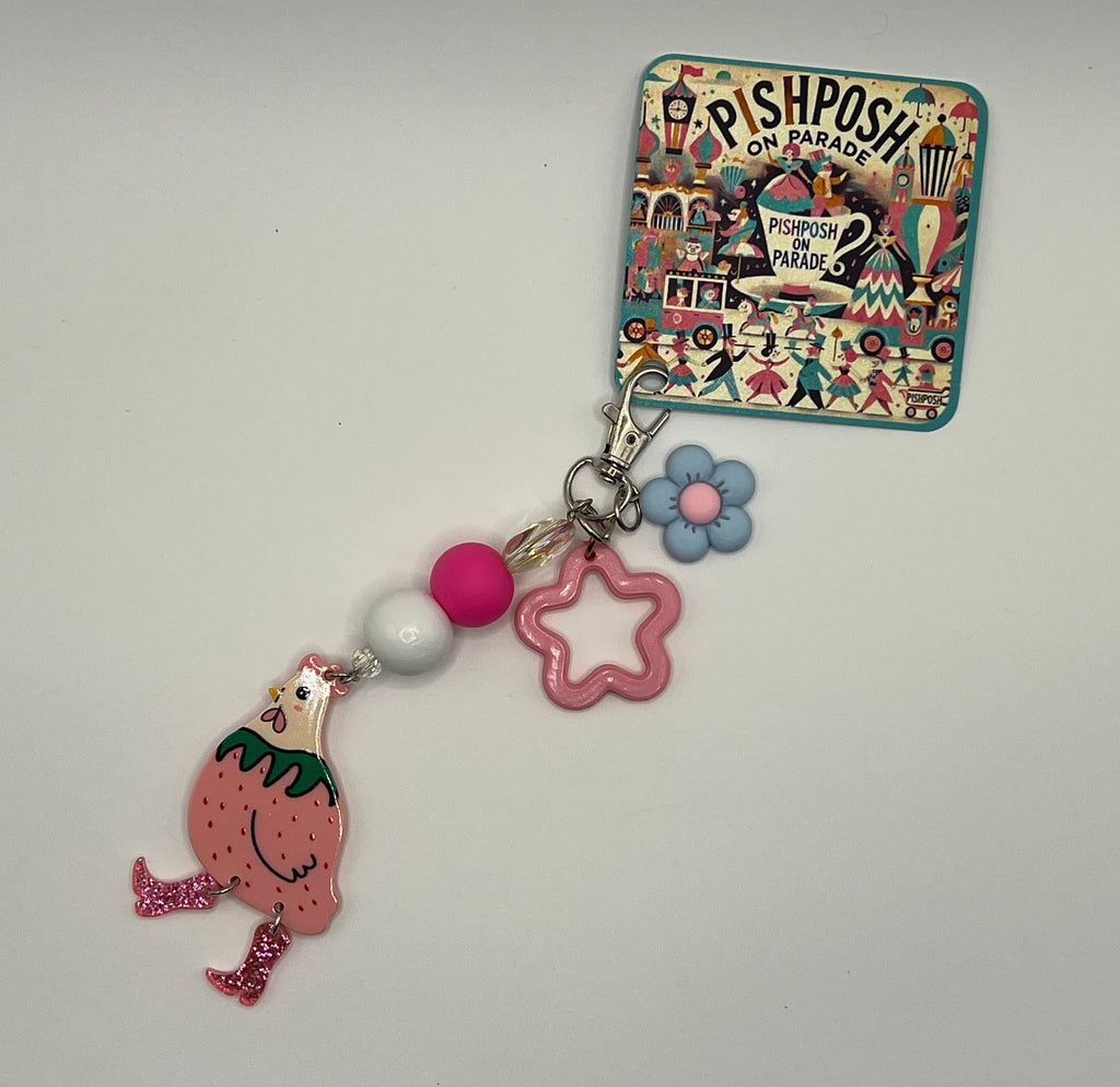 Strawberry Chicken with Boots and Blue Flower Charm - Scissor Charm/Zipper Bag Pull