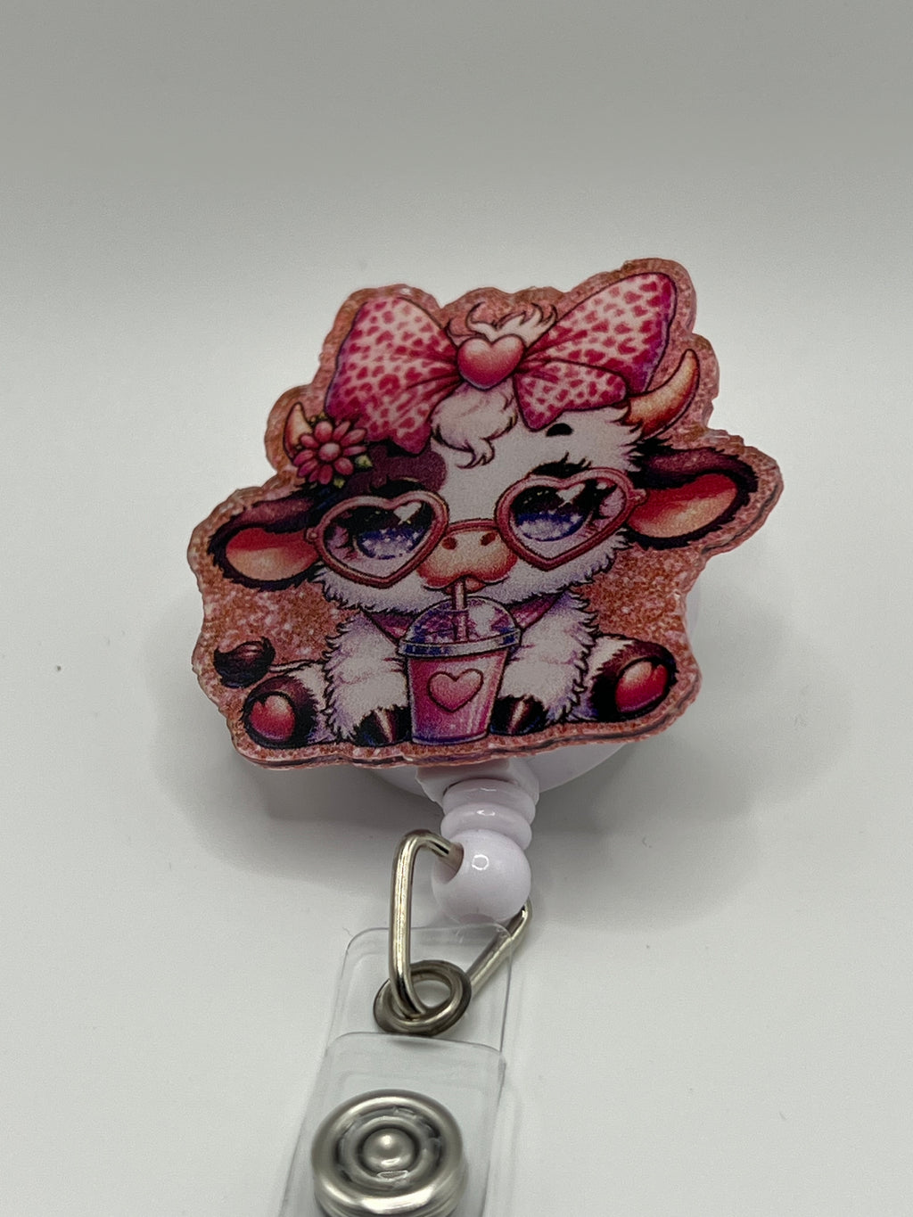Sweet Cow with Bow and Drink - Scissor Badge Reel