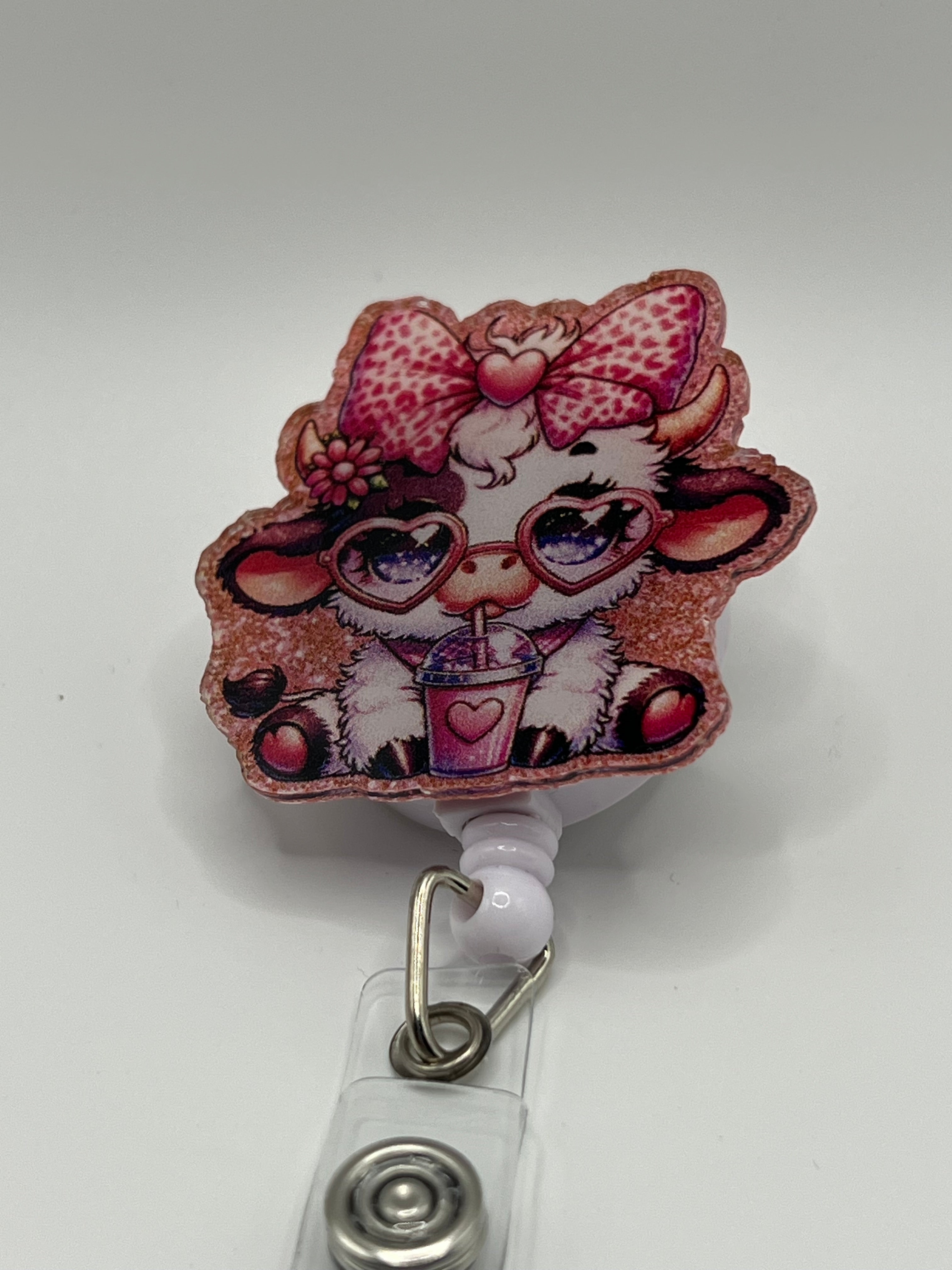 Sweet Cow with Bow and Drink - Scissor Badge Reel