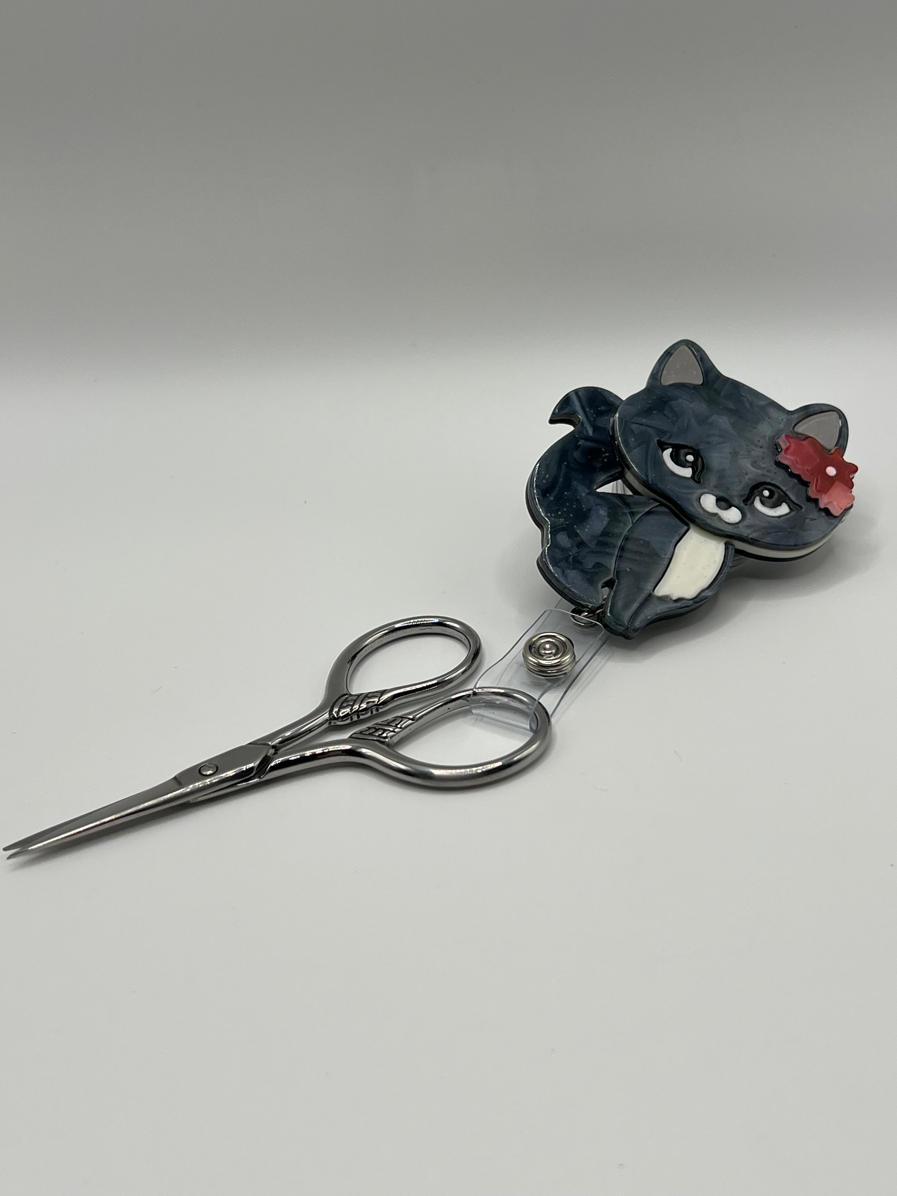 Grey Cat with Flower Bow - Scissor Badge Reel