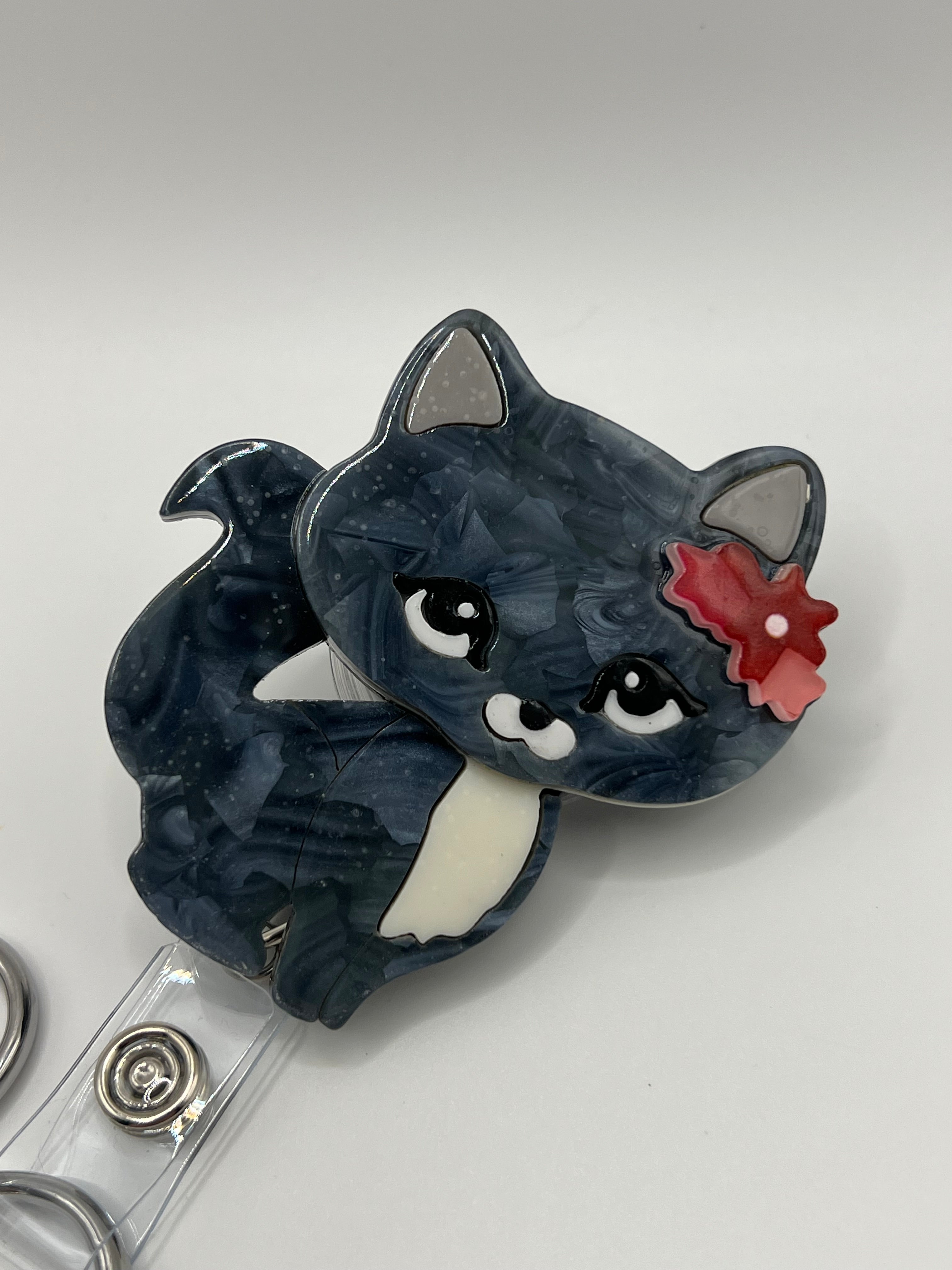 Grey Cat with Flower Bow - Scissor Badge Reel