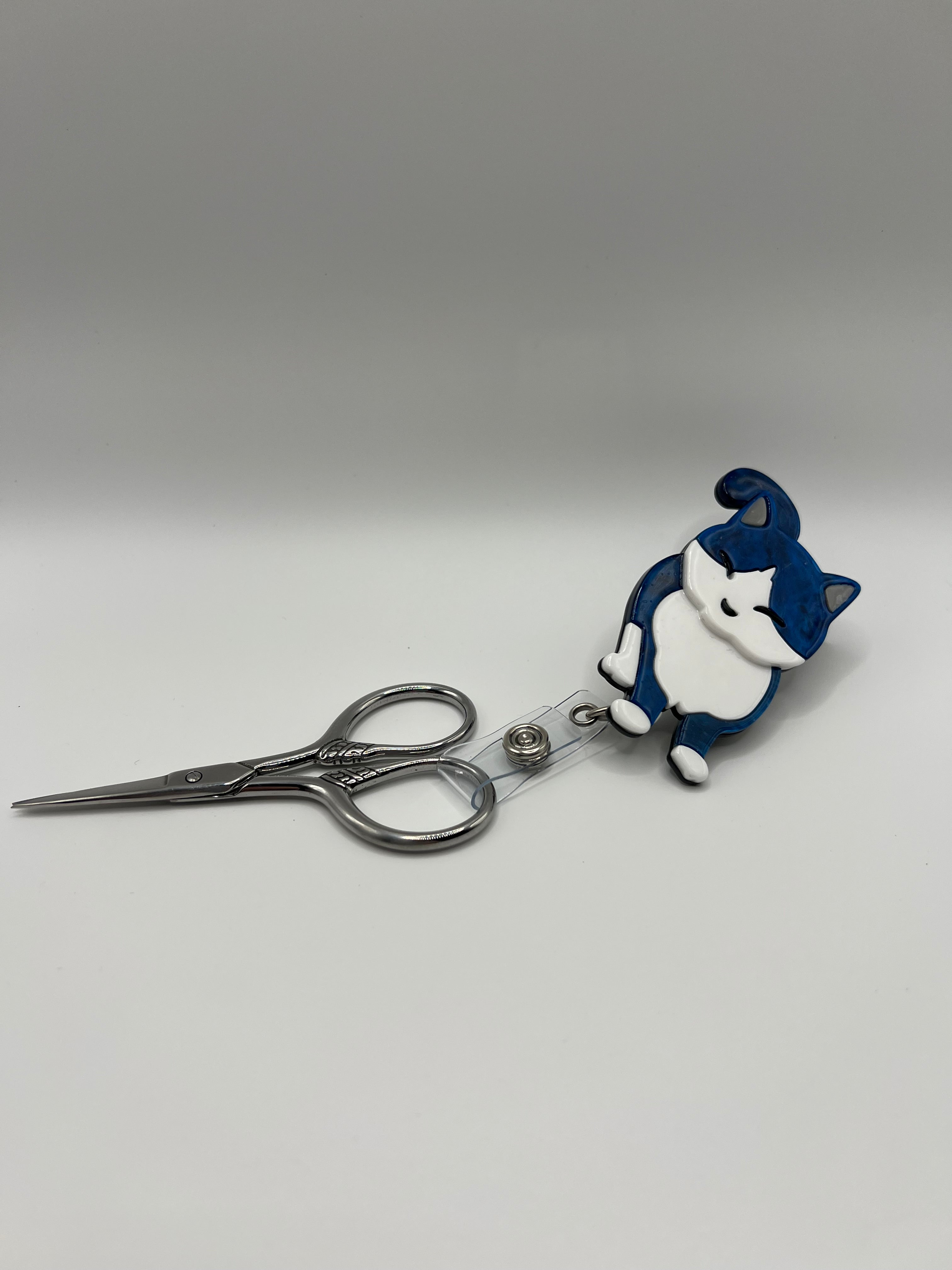Blue and White Cat - Scissor Badge Reel