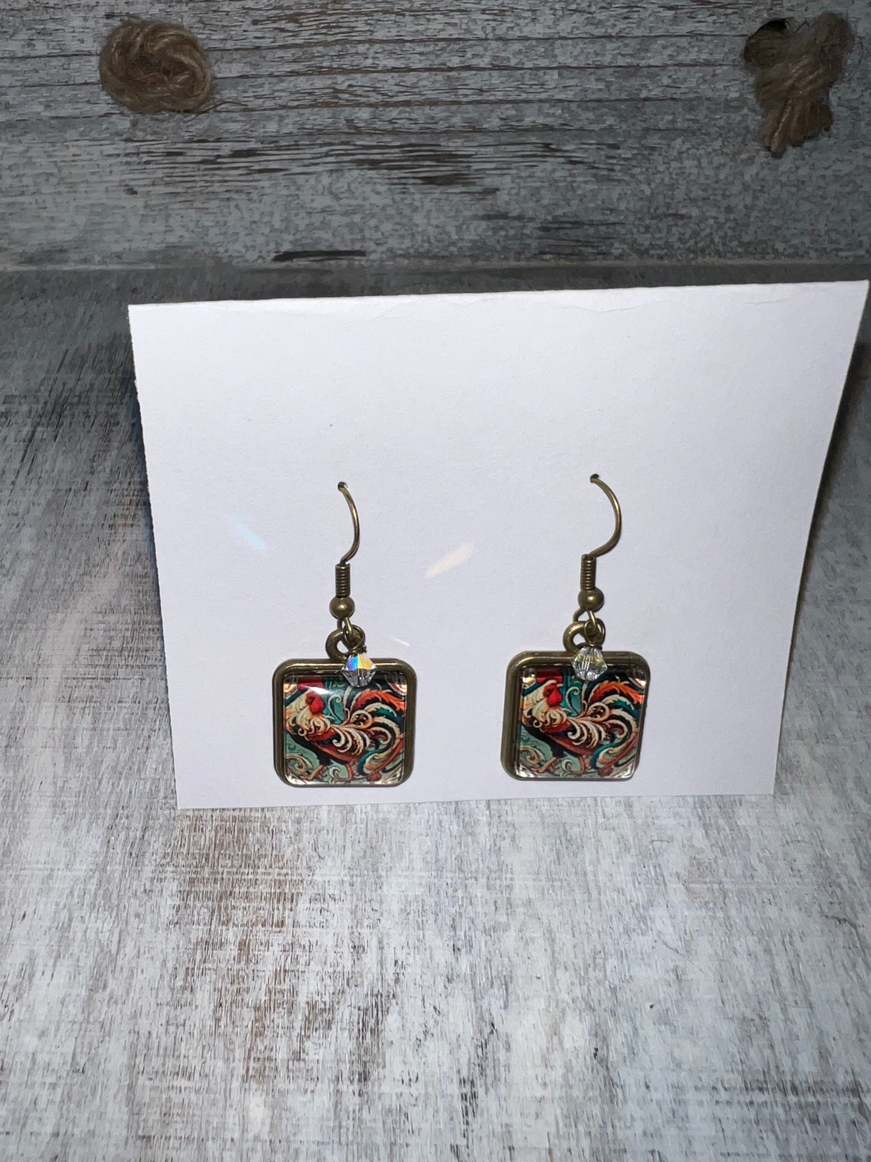Colorful Rooster Earrings with Crystal