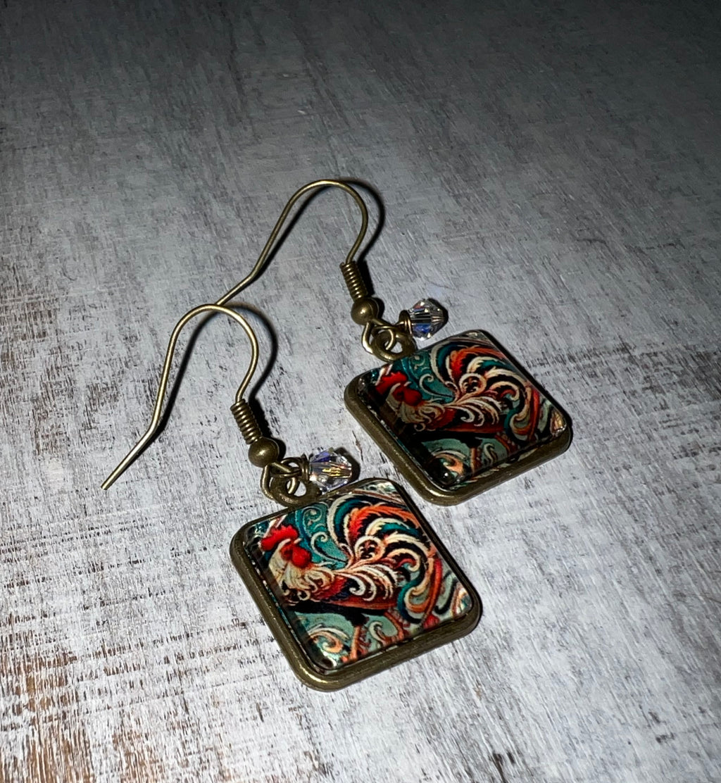 Colorful Rooster Earrings with Crystal
