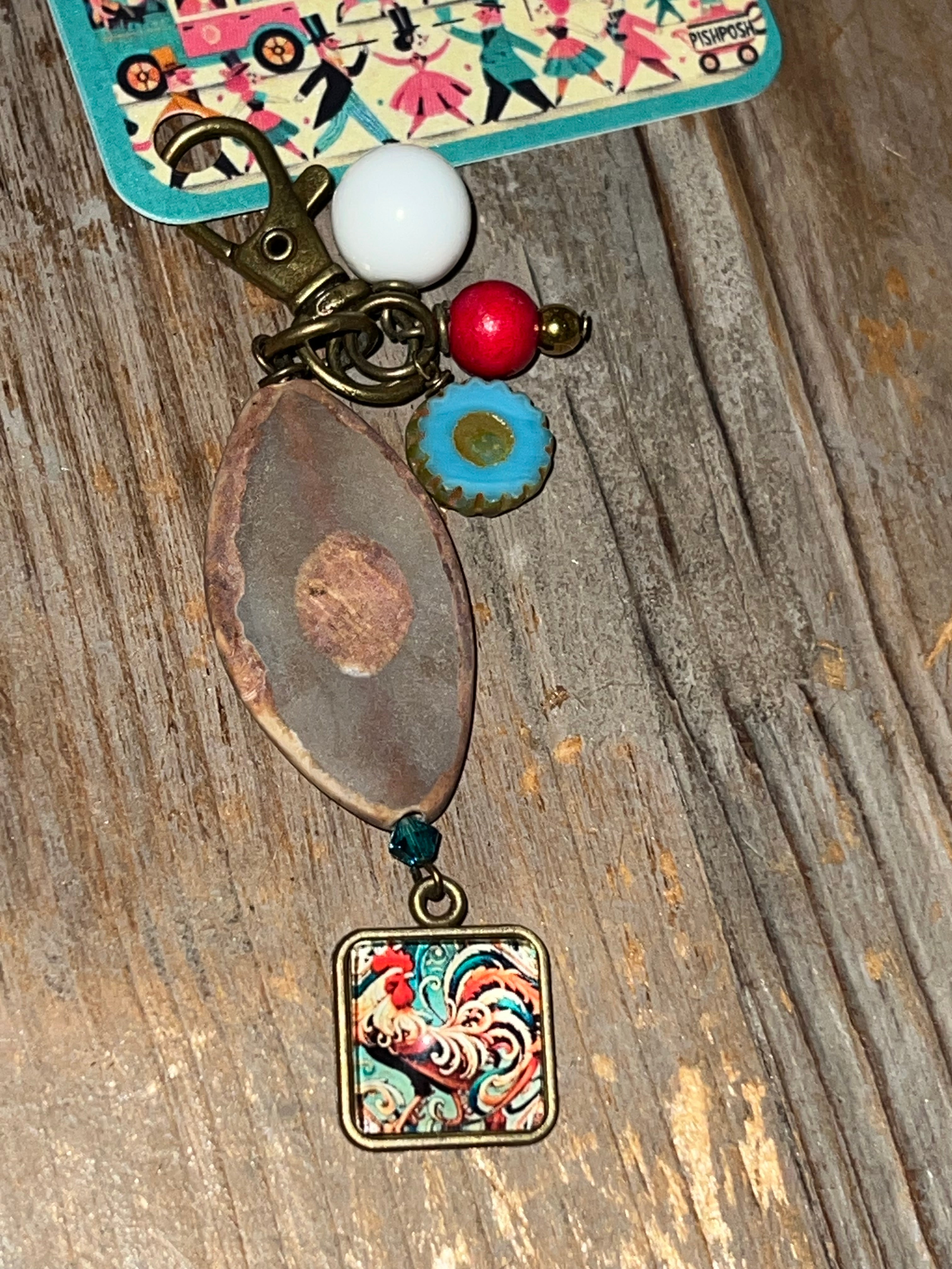 Colorful Rooster with Daisy Bead - Scissor Charm/Zipper Bag Pull