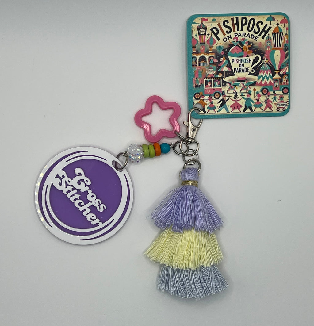 Cross Stitcher with Pink Star and Tassel - Scissor Charm/Zipper Bag Pull