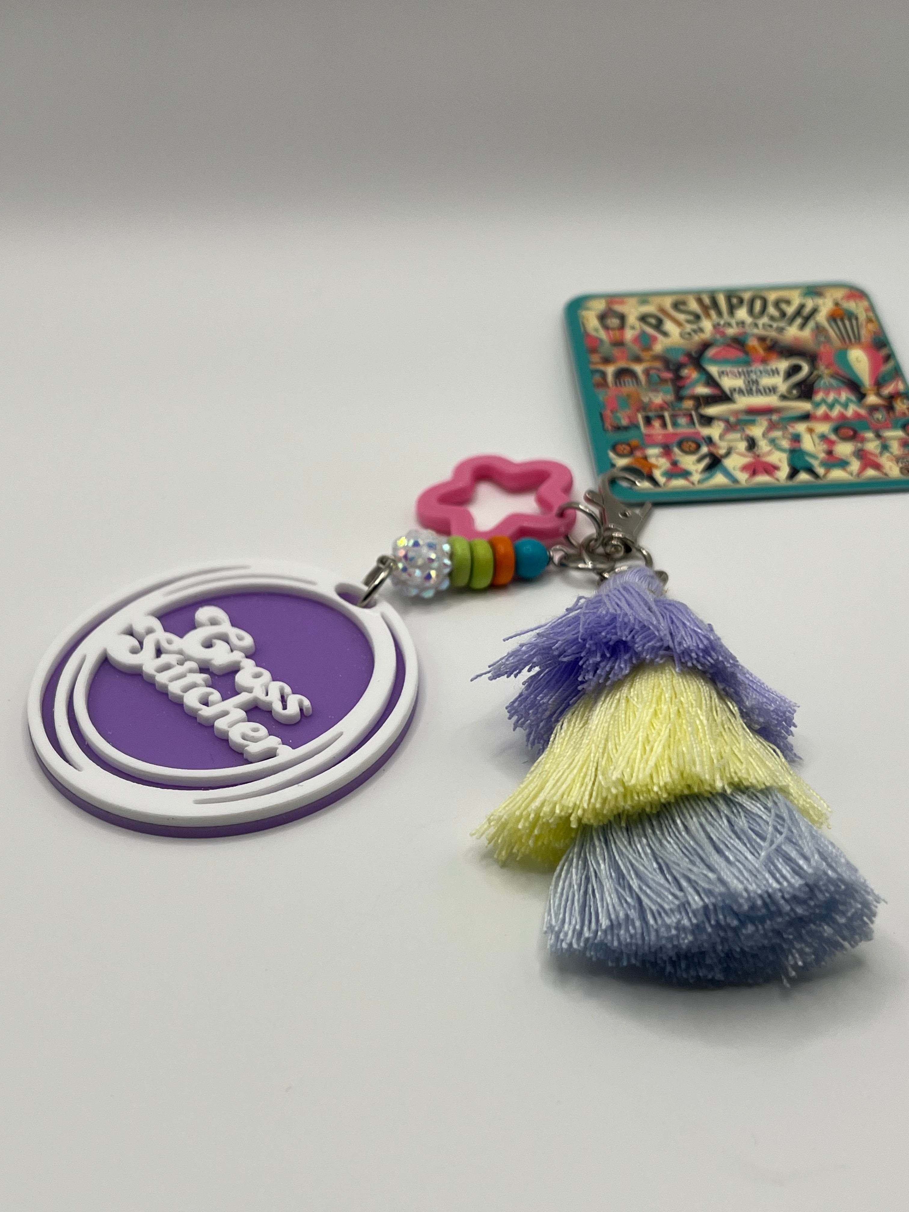 Cross Stitcher with Pink Star and Tassel - Scissor Charm/Zipper Bag Pull