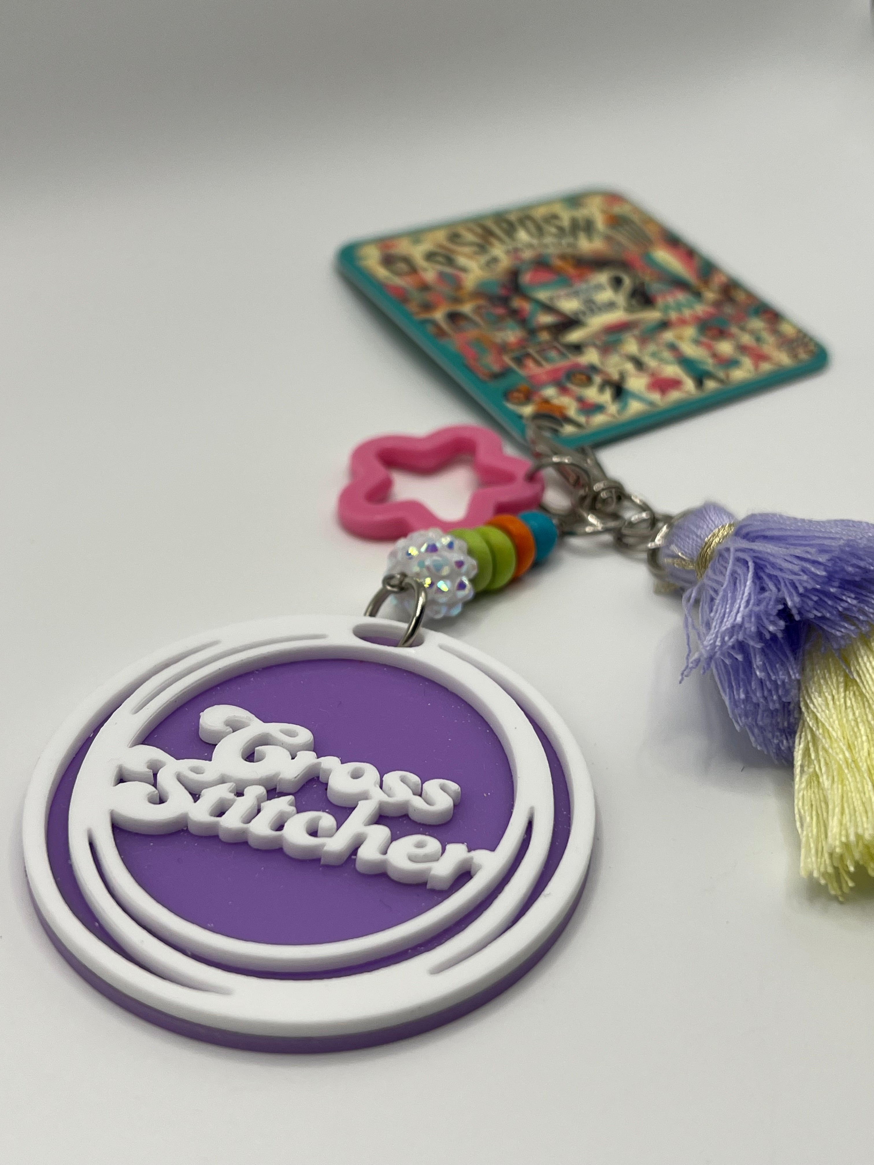 Cross Stitcher with Pink Star and Tassel - Scissor Charm/Zipper Bag Pull