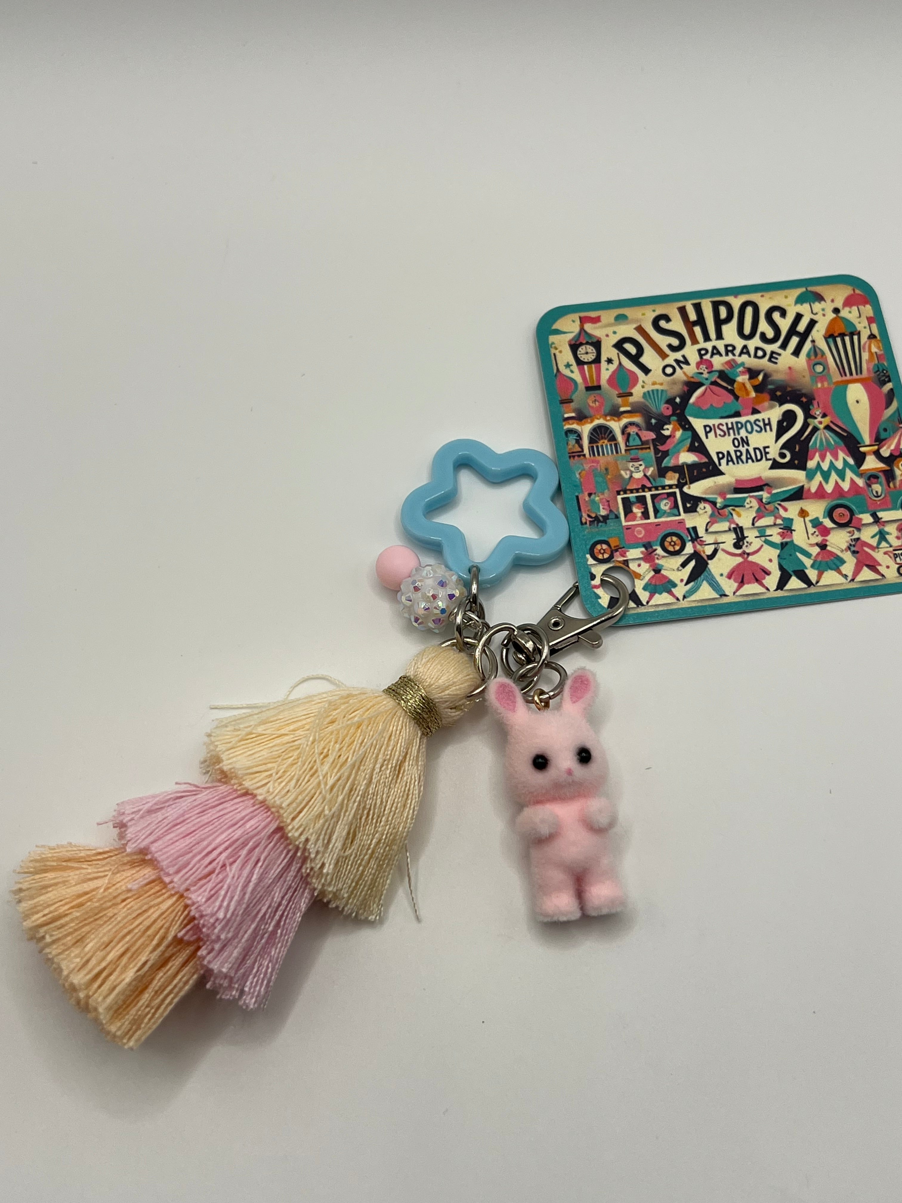 Fuzzy Pink Bunny with Blue Star and Tassel - Scissor Charm/Zipper Bag Pull