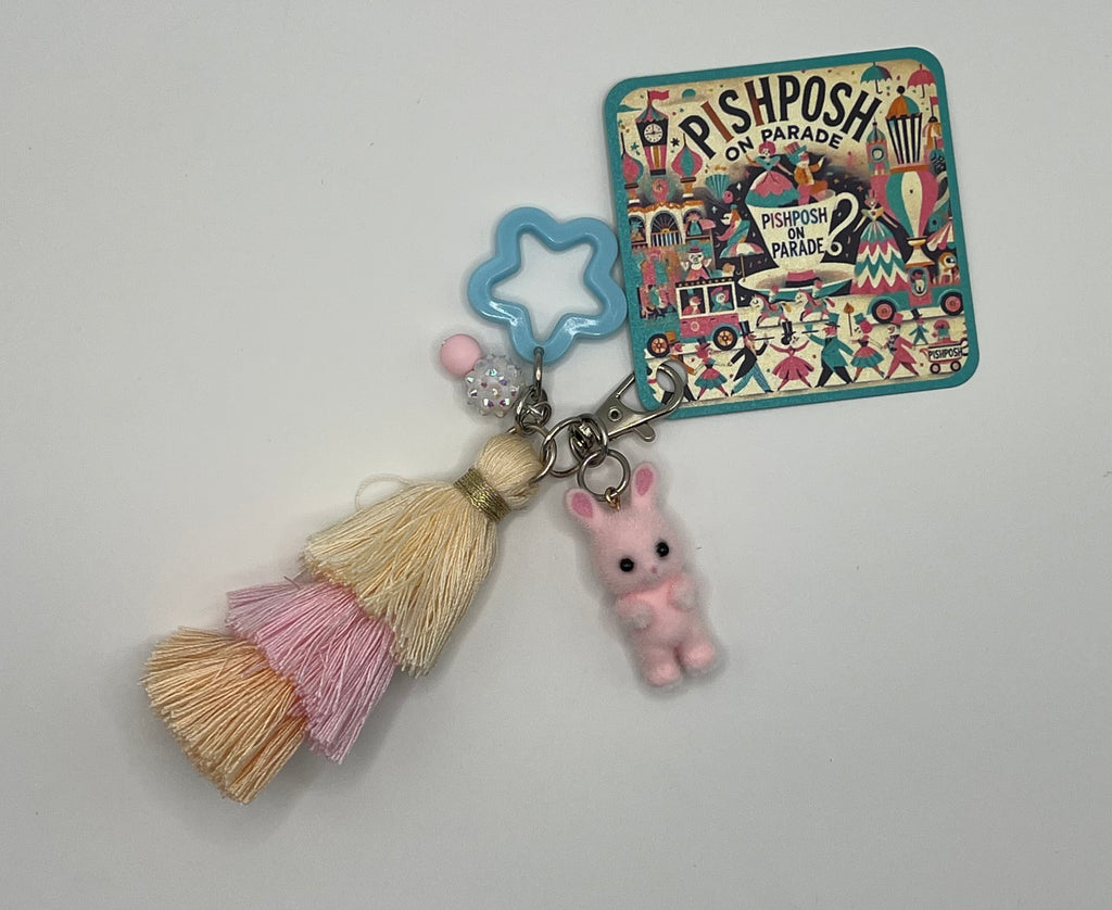 Fuzzy Pink Bunny with Blue Star and Tassel - Scissor Charm/Zipper Bag Pull