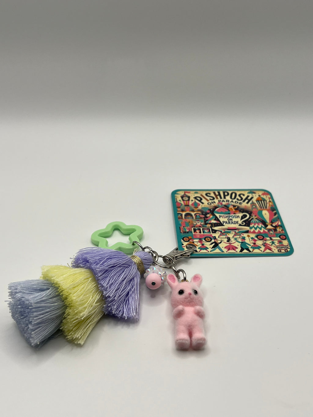 Fuzzy Bunny with Green Star and Tassel - Scissor Charm/Zipper Bag Pull