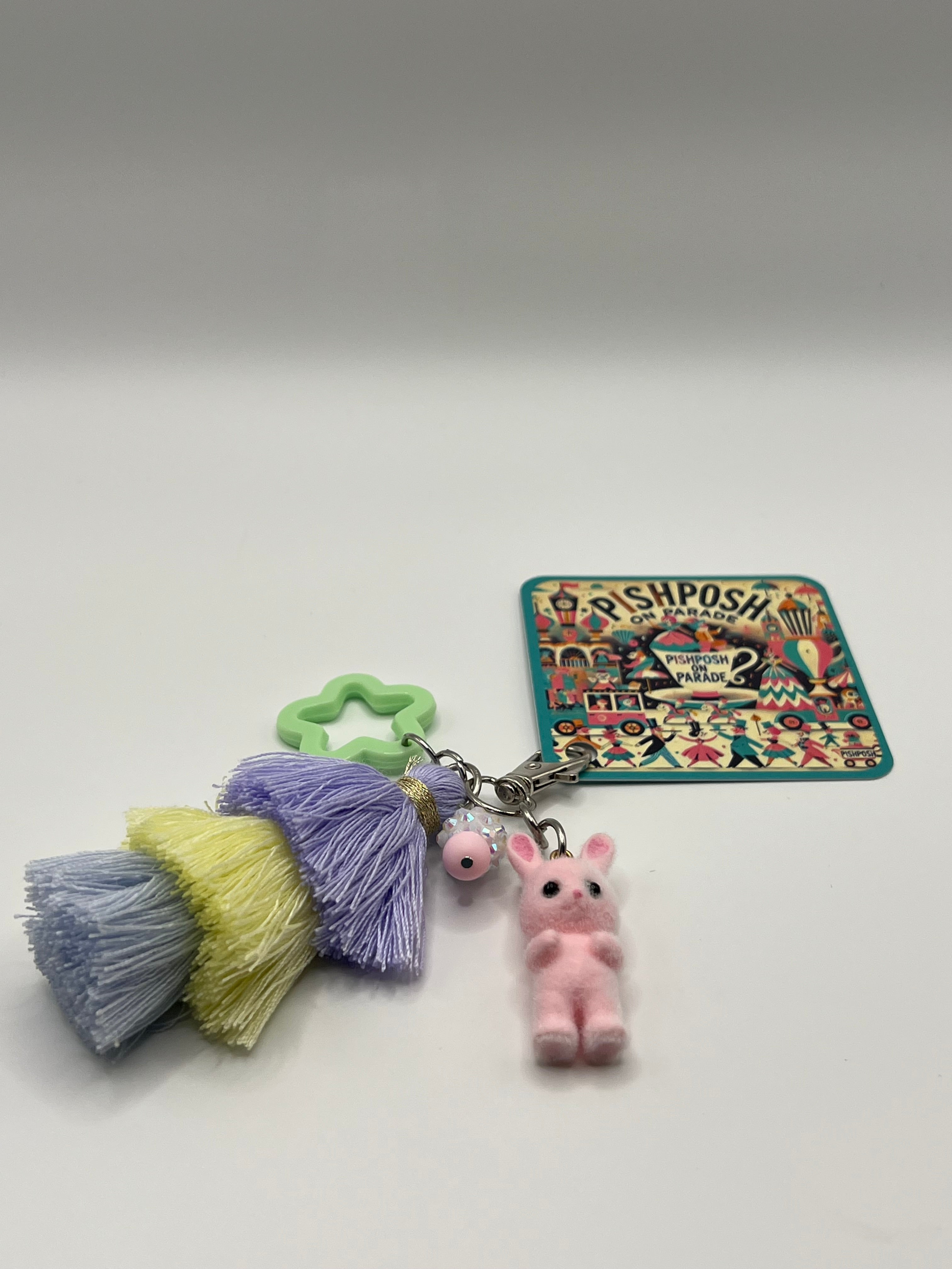 Fuzzy Bunny with Green Star and Tassel - Scissor Charm/Zipper Bag Pull
