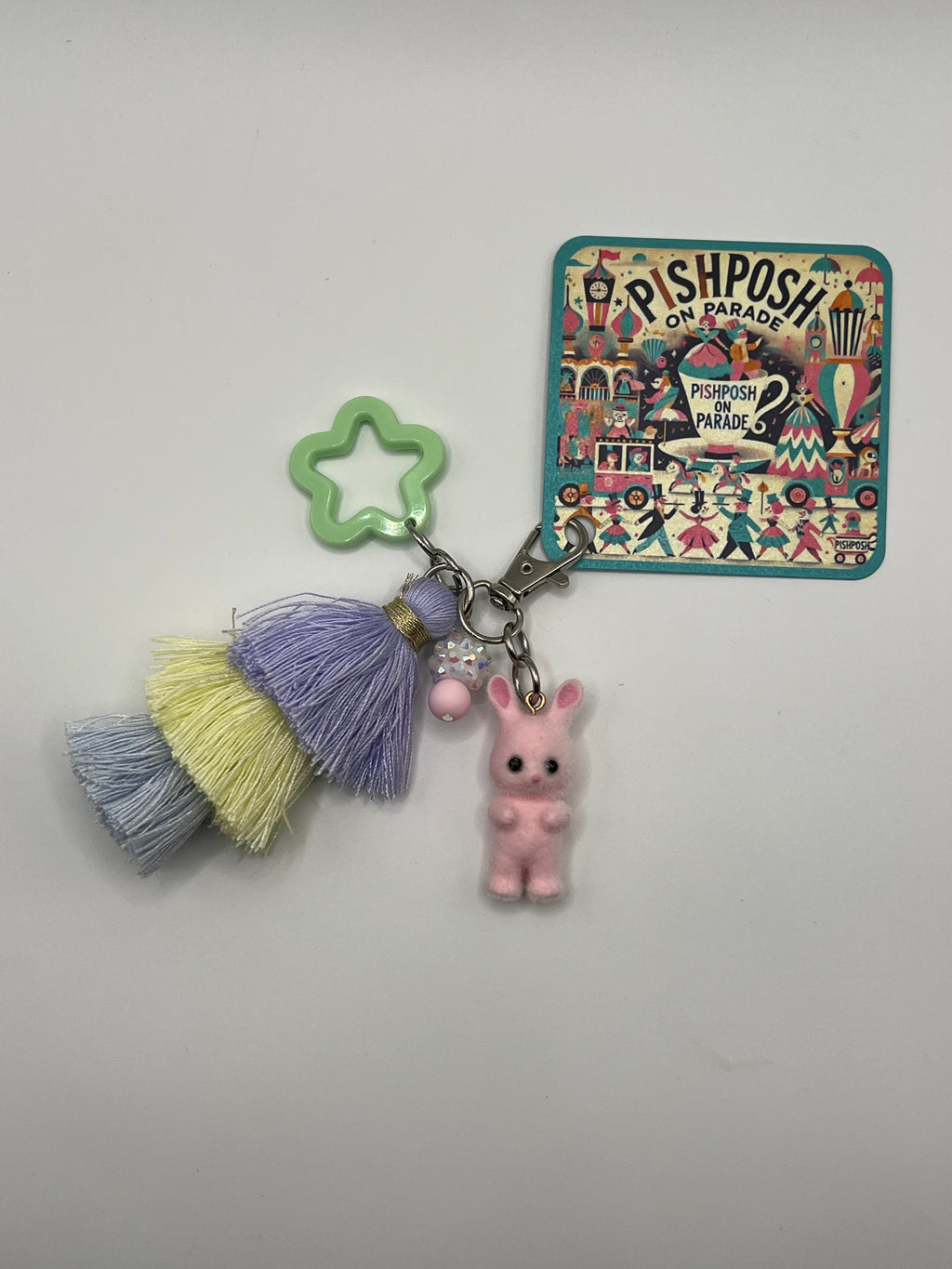 Fuzzy Bunny with Green Star and Tassel - Scissor Charm/Zipper Bag Pull