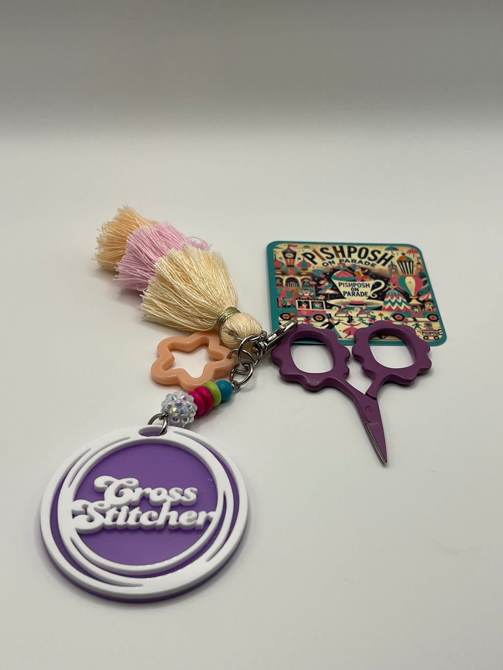 Cross Stitcher with Peach Star and Tassel - Scissor Charm/Zipper Bag Pull