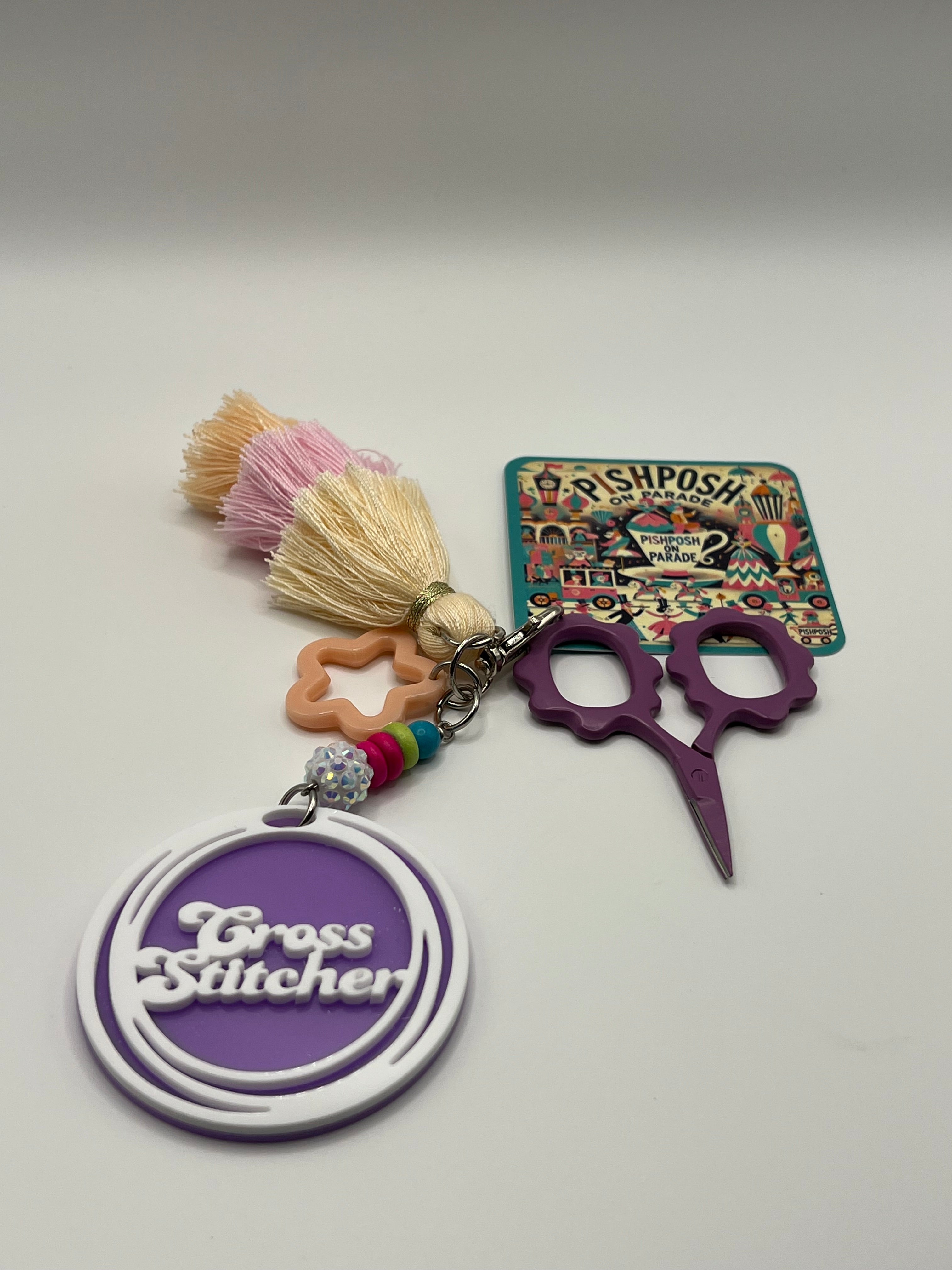 Cross Stitcher with Peach Star and Tassel - Scissor Charm/Zipper Bag Pull