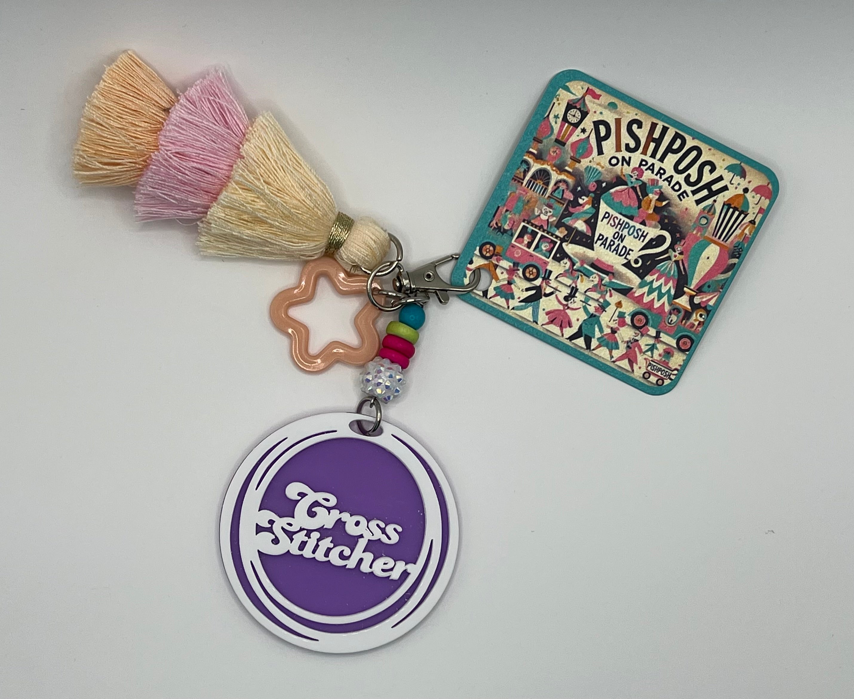 Cross Stitcher with Peach Star and Tassel - Scissor Charm/Zipper Bag Pull