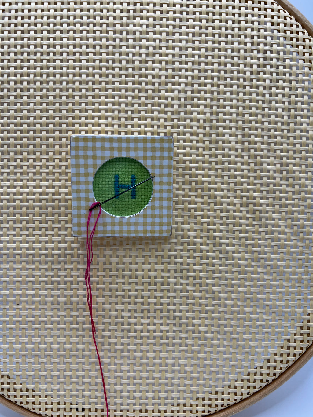 Yellow Gingham Needle Minder ( cross stitch not included)