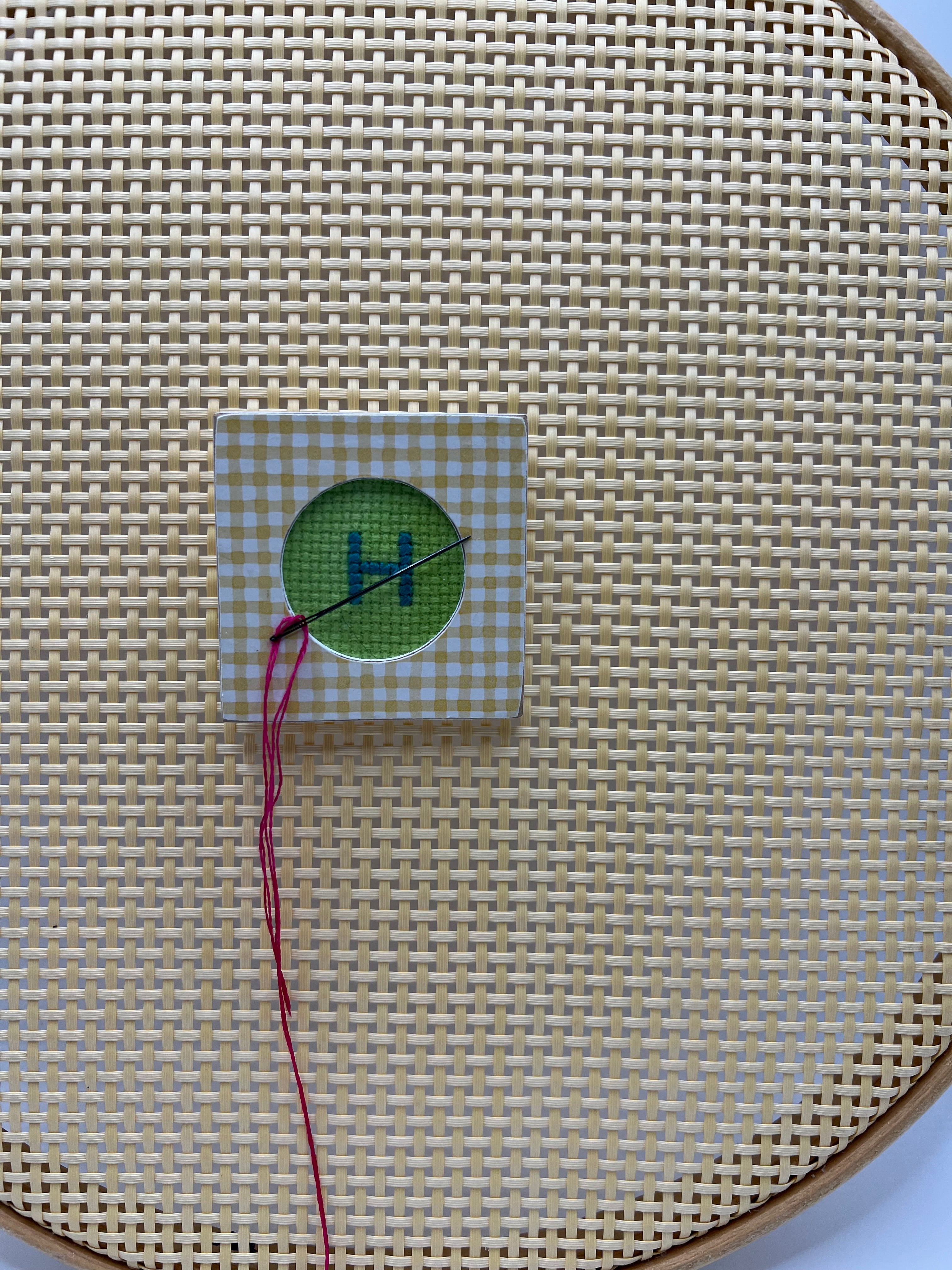 Yellow Gingham Needle Minder ( cross stitch not included)