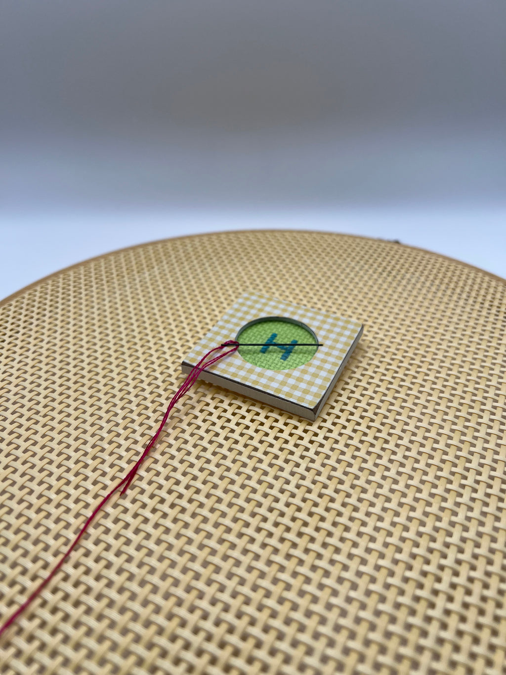 Yellow Gingham Needle Minder ( cross stitch not included)