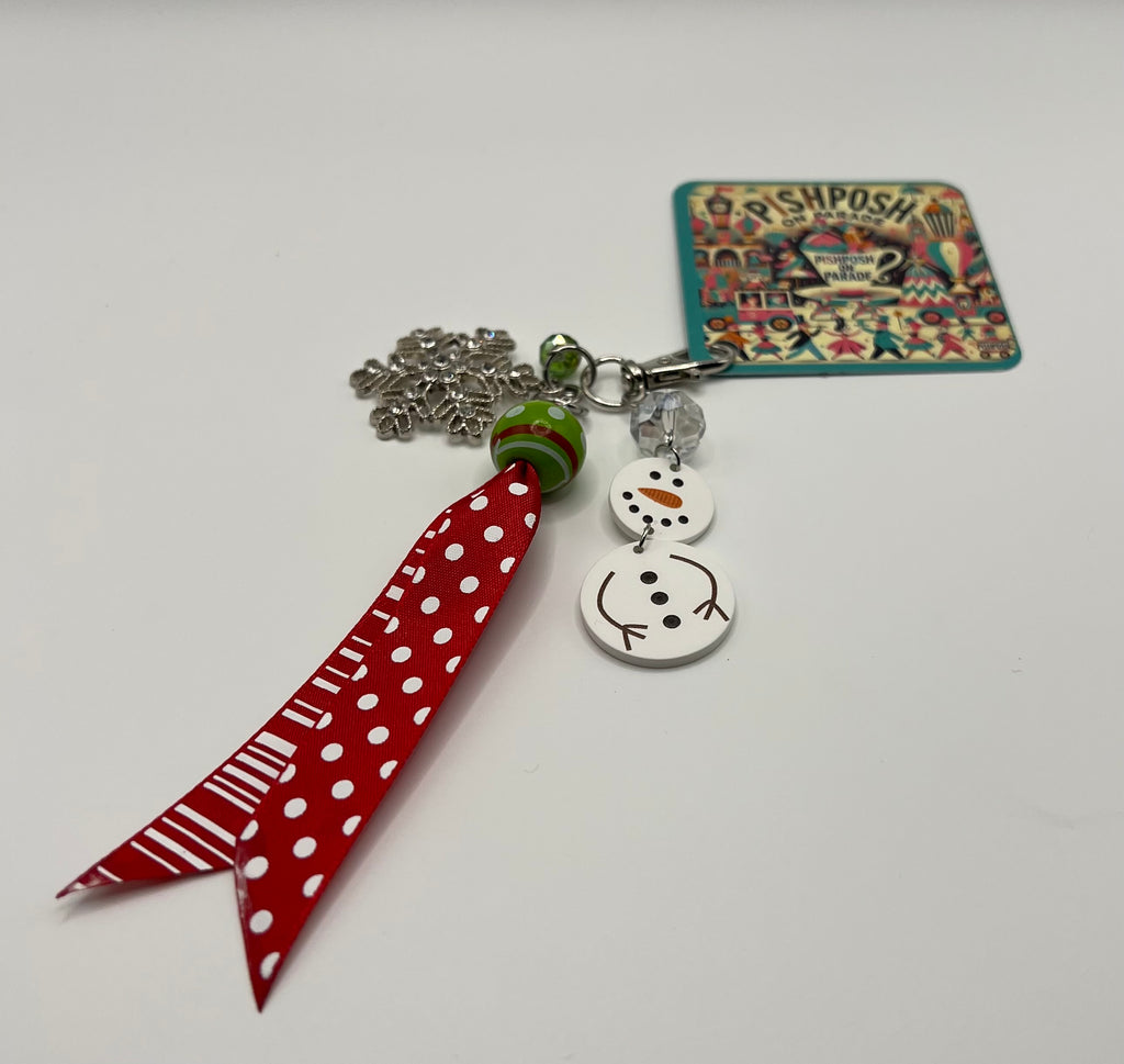 Snowman with Snowflake with Red Ribbon - Charm / Bag Zipper Pull